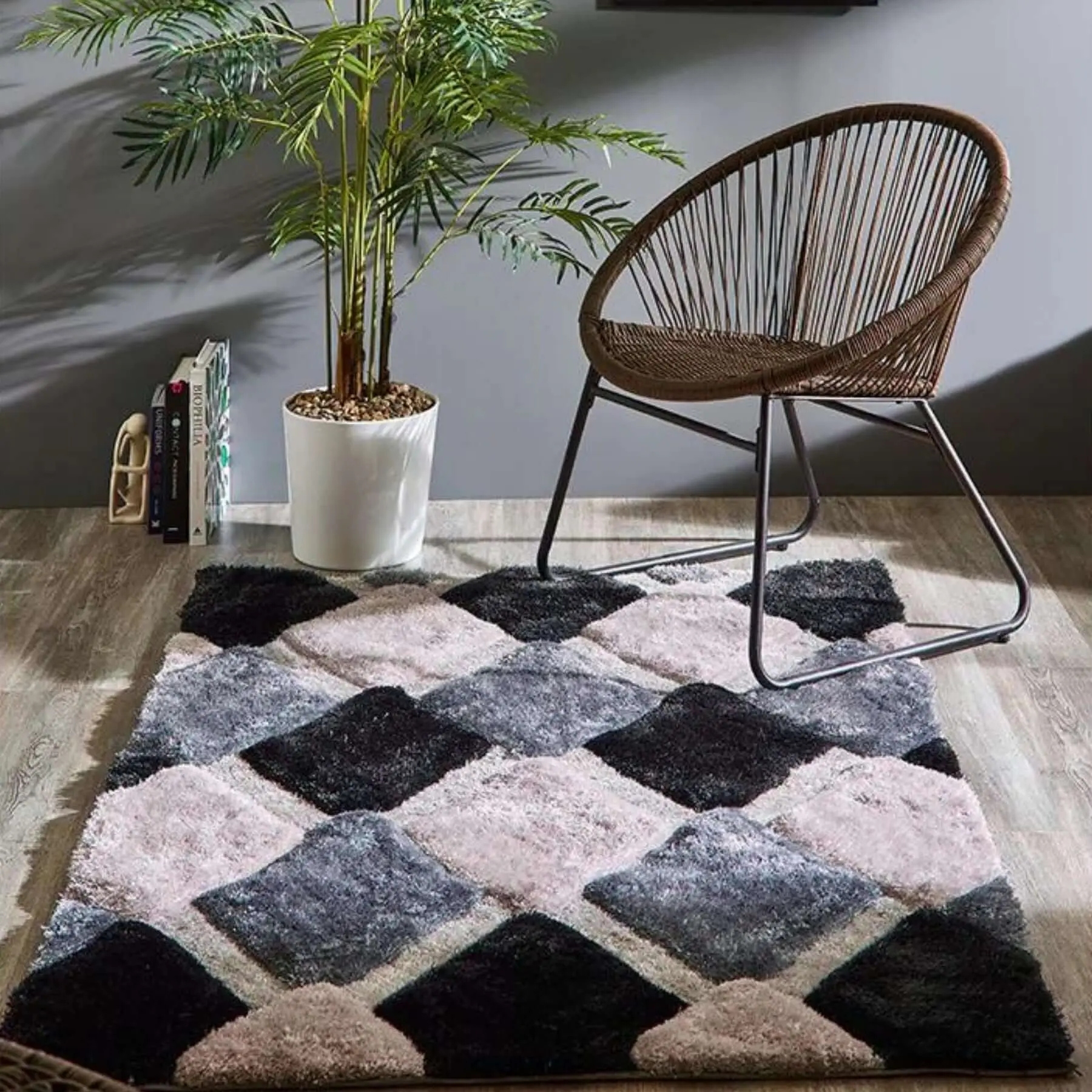 3D Grey Geometric Shaggy Rug - Image 3