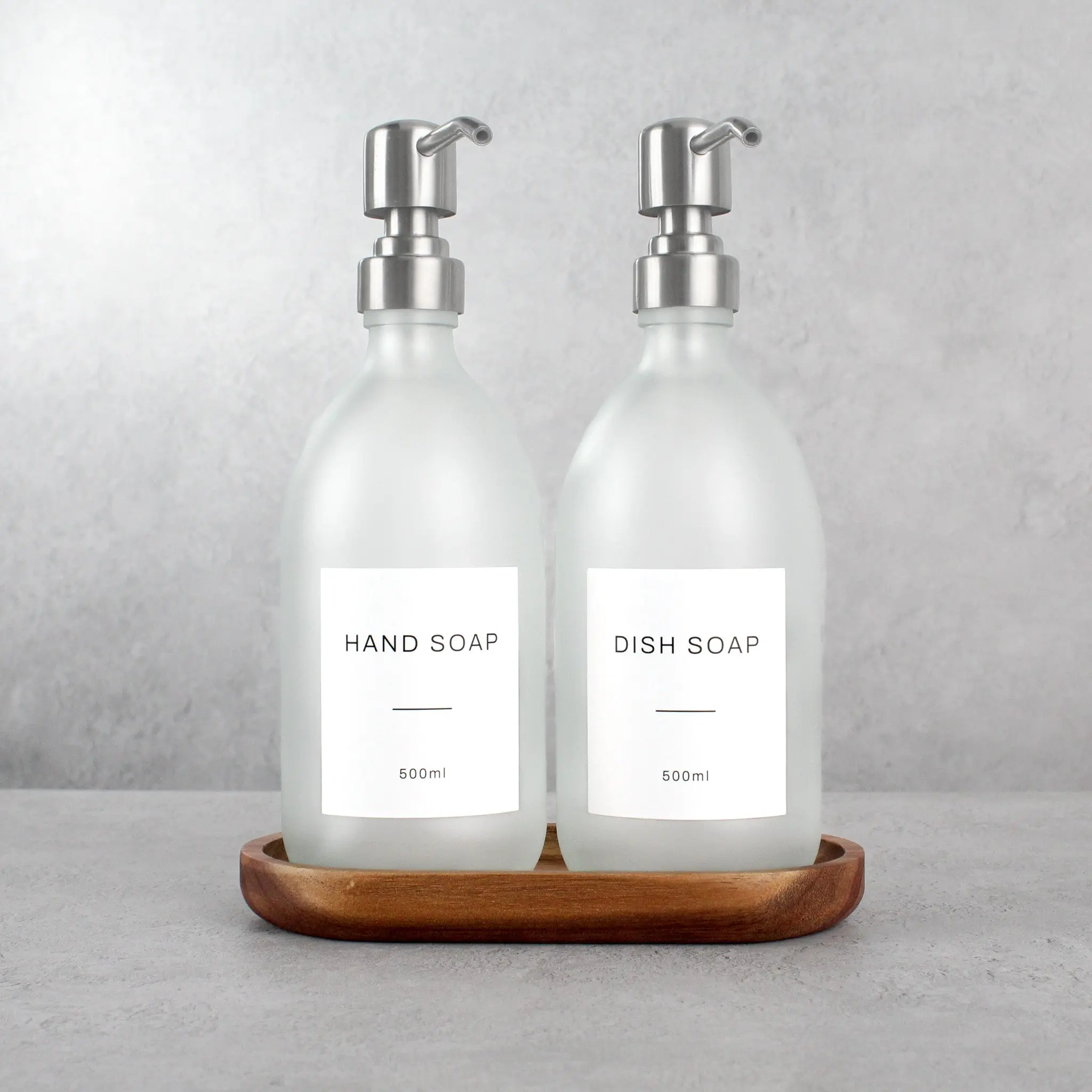 Acacia Tray & Frosted White Glass Dispenser Double Set