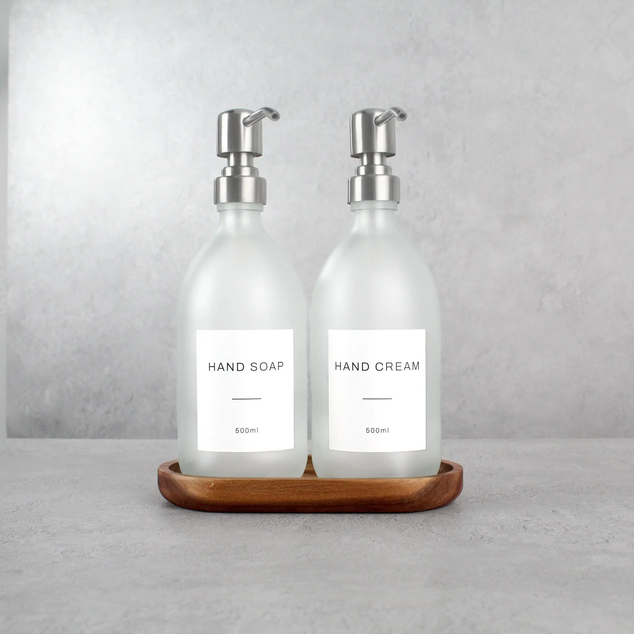 Acacia Tray & Frosted White Glass Dispenser Double Set - Image 2