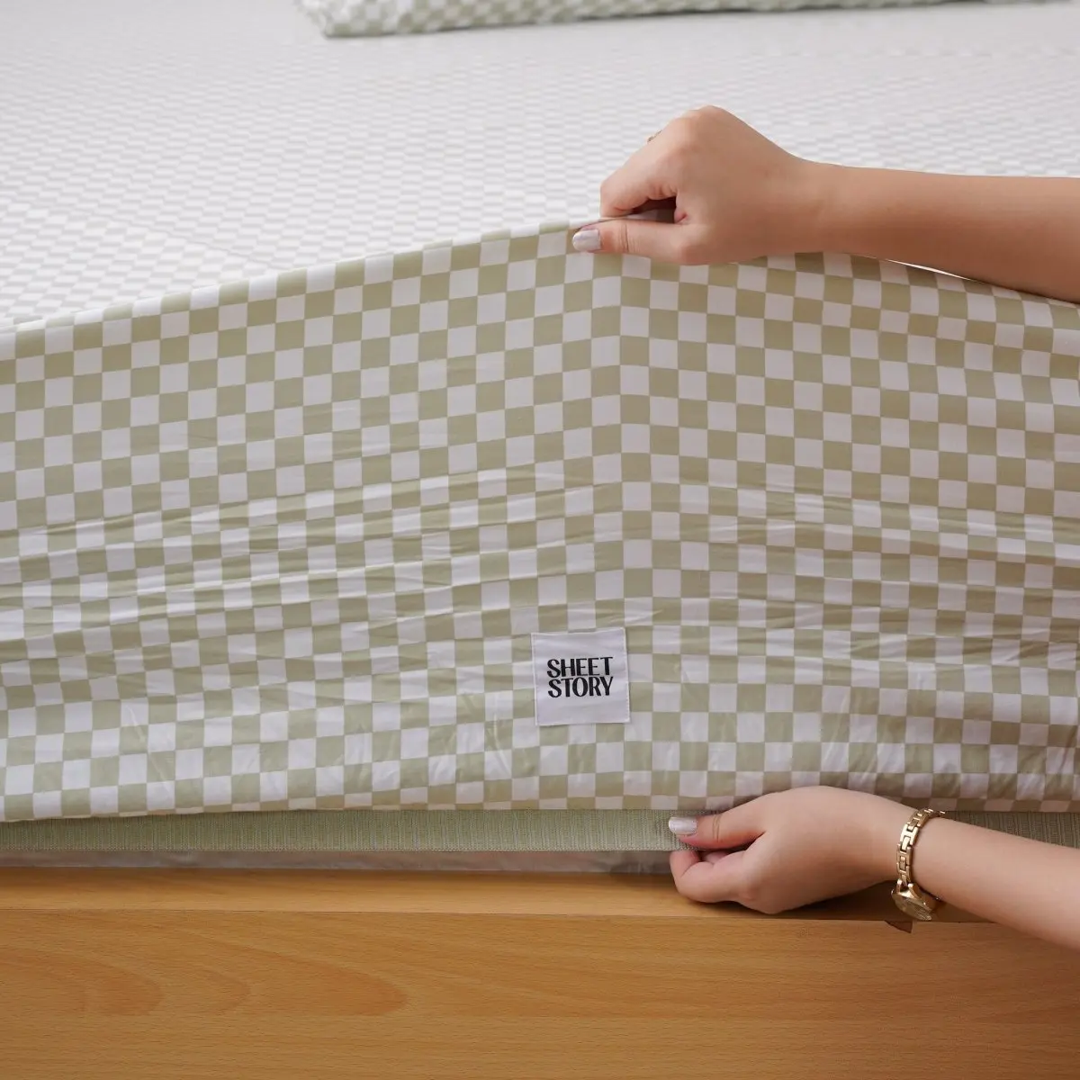 Ackly Bamboo - Sage Green Checkerboard Fitted Sheet - Image 3
