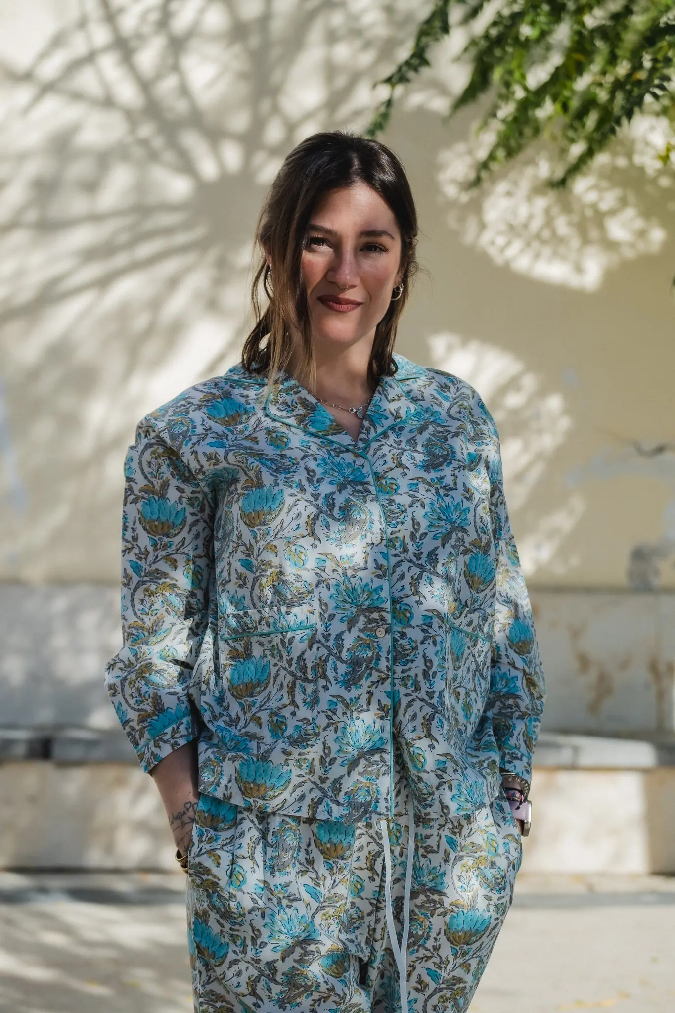 Ahaana Turquoise Block Printed Cotton Pyjamas - Image 11