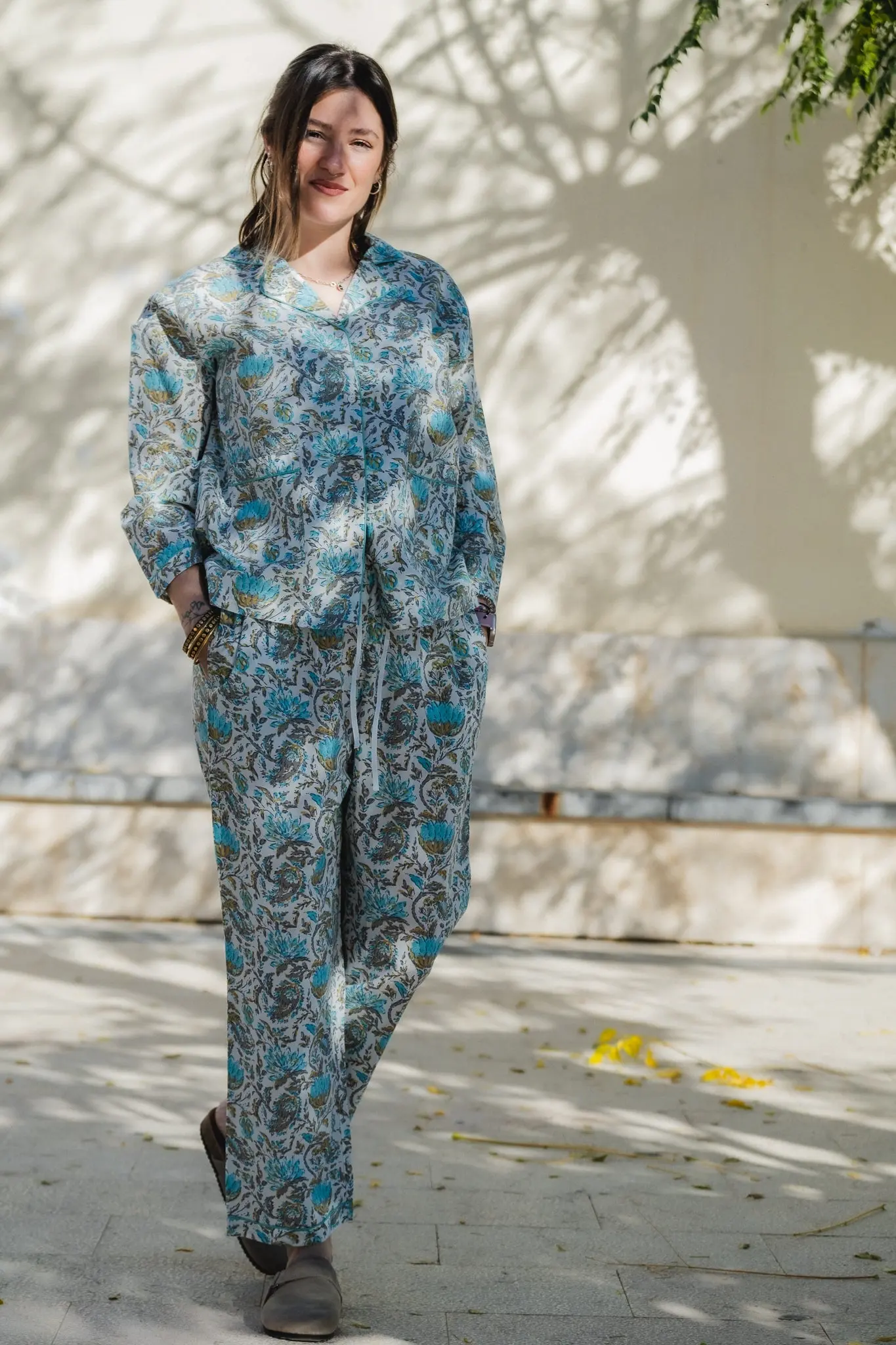 Ahaana Turquoise Block Printed Cotton Pyjamas - Image 12