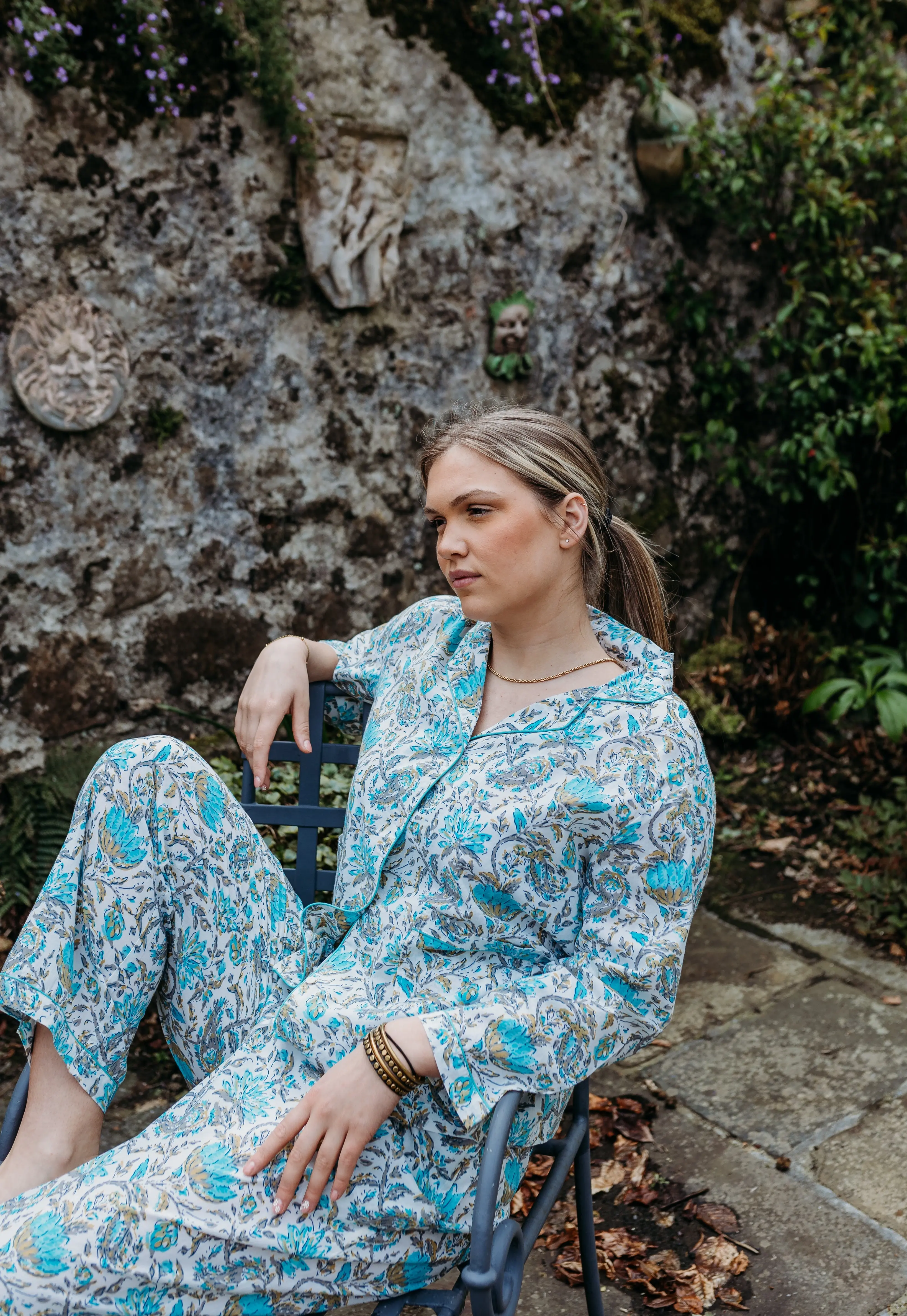 Ahaana Turquoise Block Printed Cotton Pyjamas - Image 2