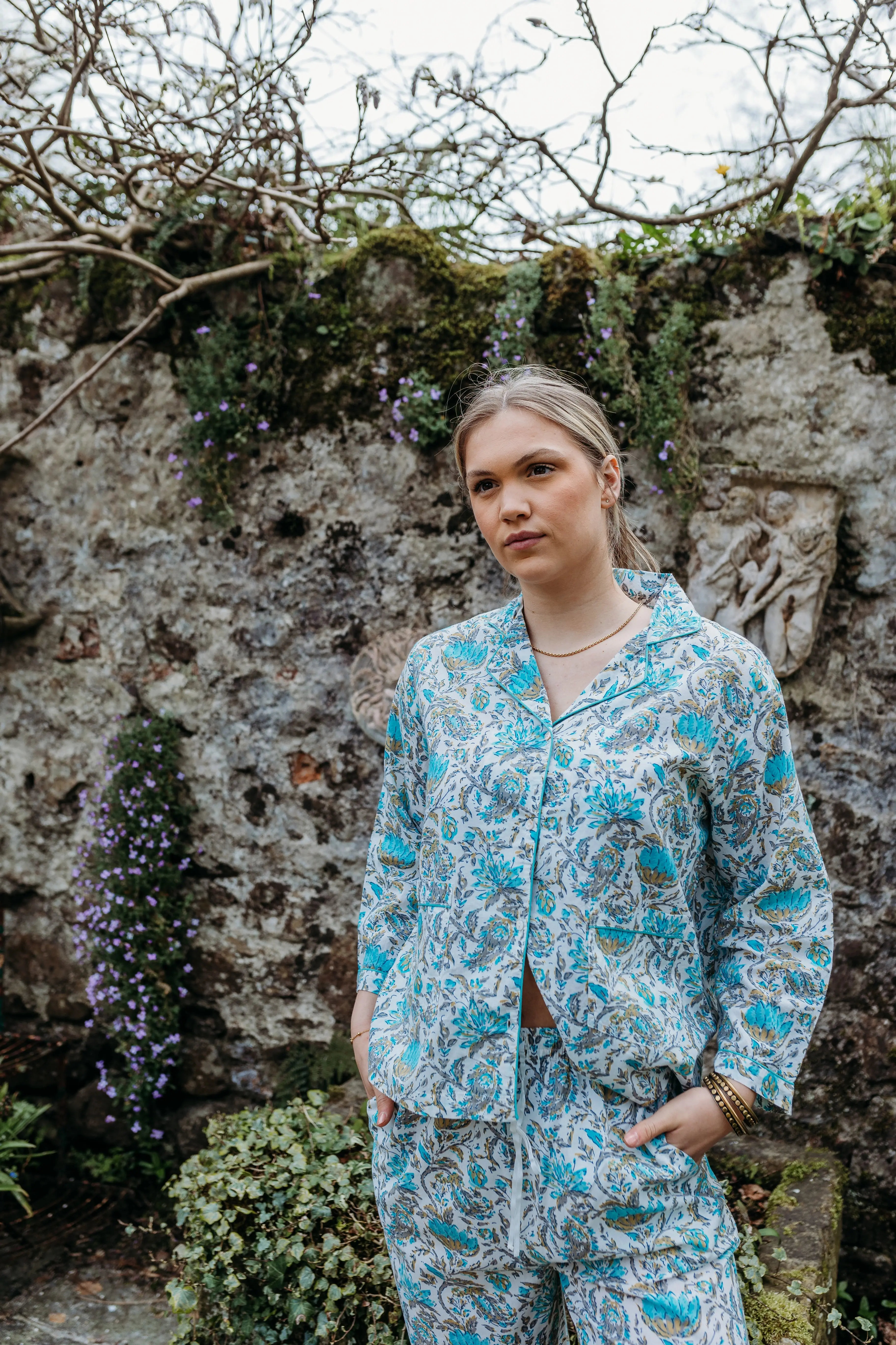 Ahaana Turquoise Block Printed Cotton Pyjamas - Image 5