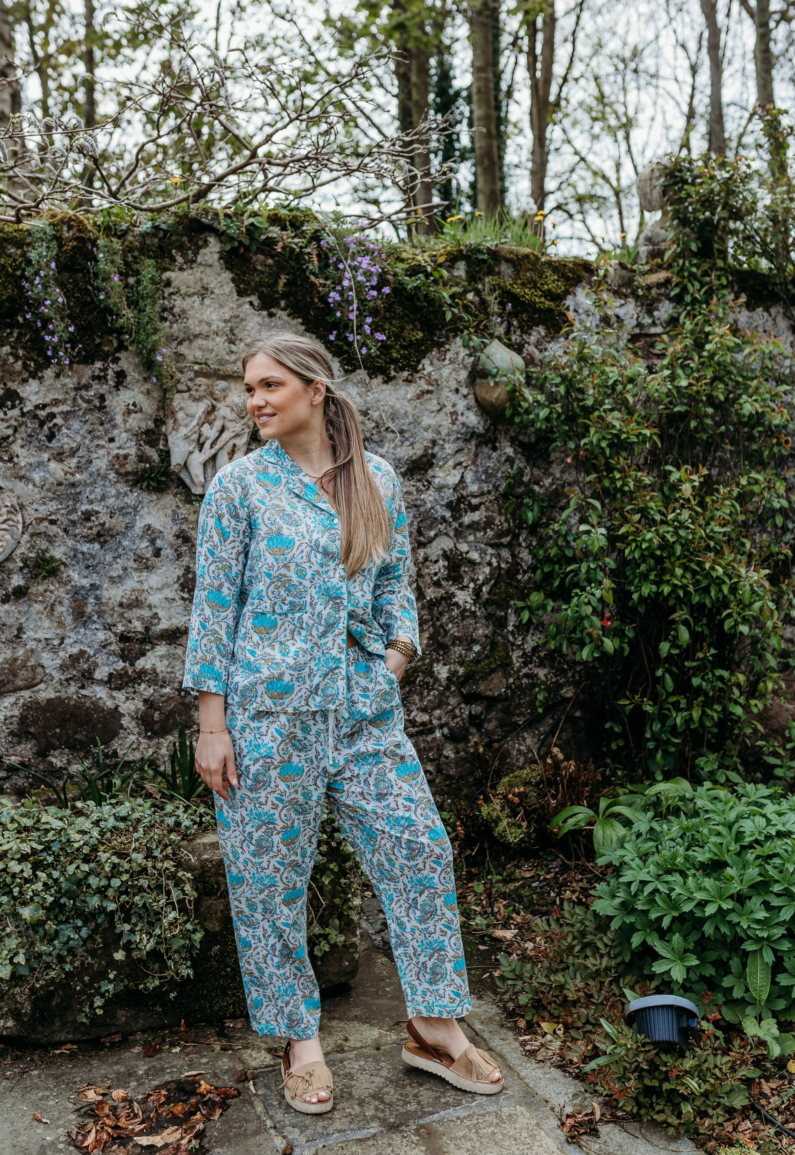 Ahaana Turquoise Block Printed Cotton Pyjamas - Image 6