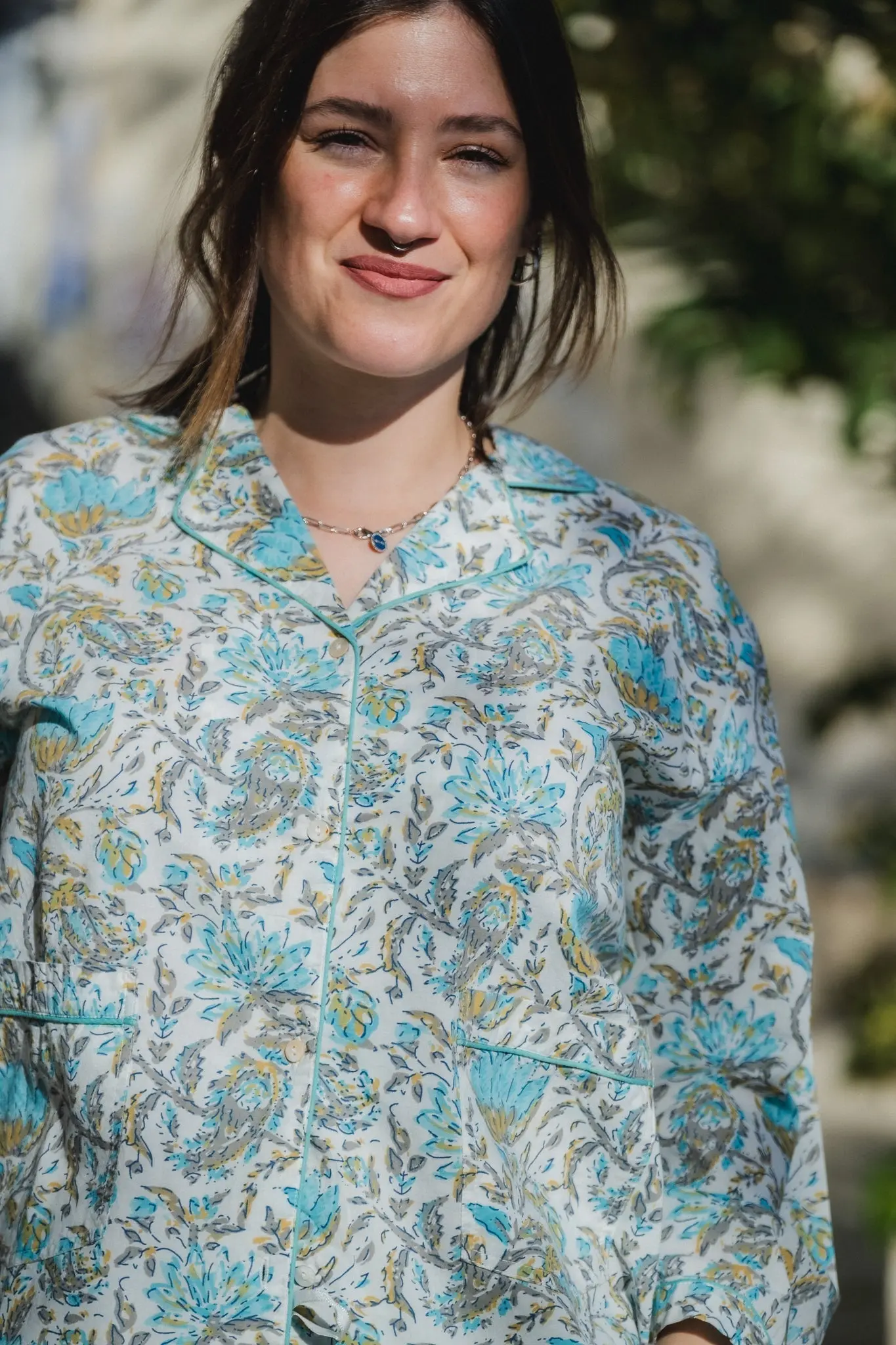 Ahaana Turquoise Block Printed Cotton Pyjamas - Image 7