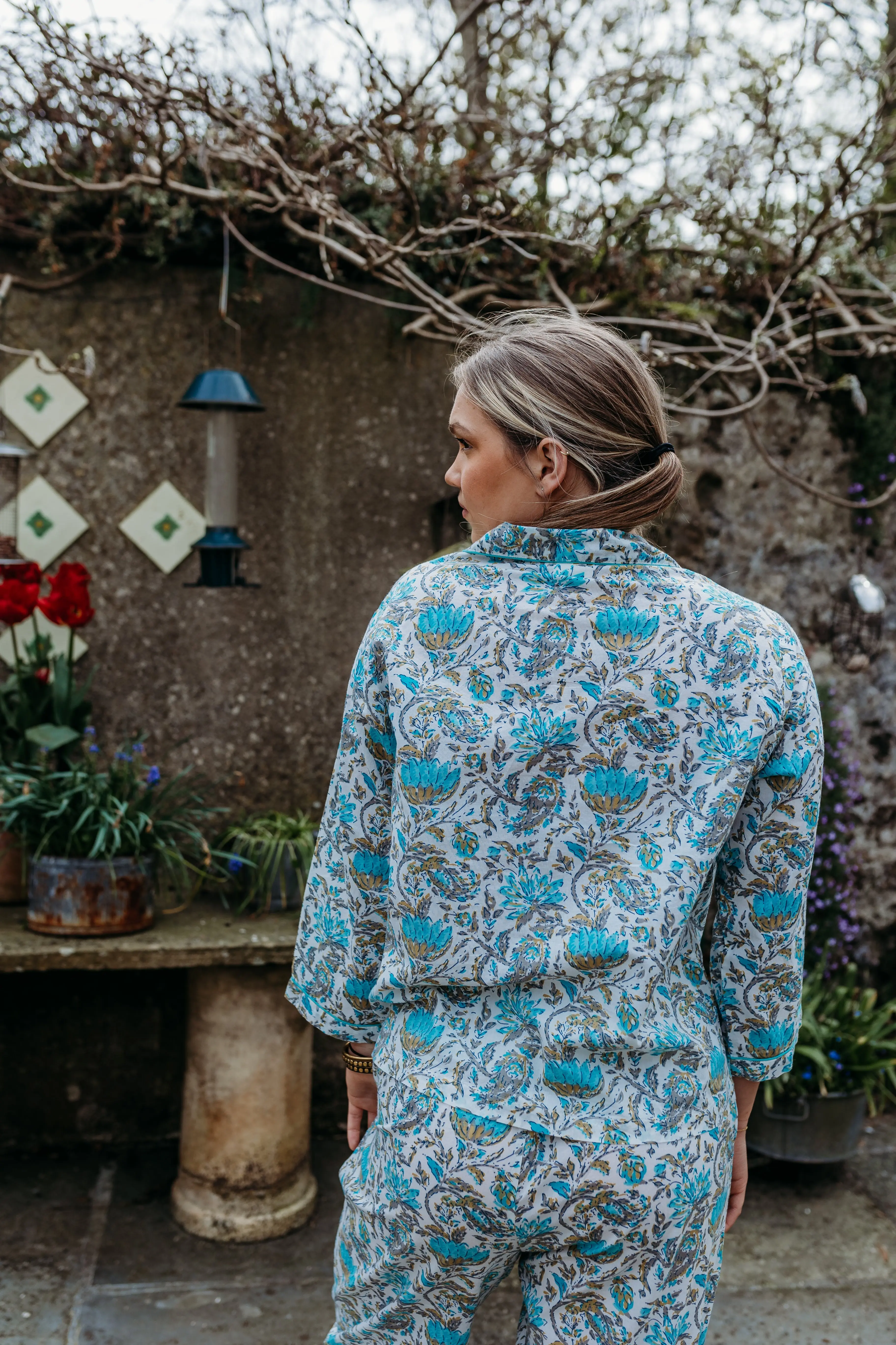 Ahaana Turquoise Block Printed Cotton Pyjamas - Image 8