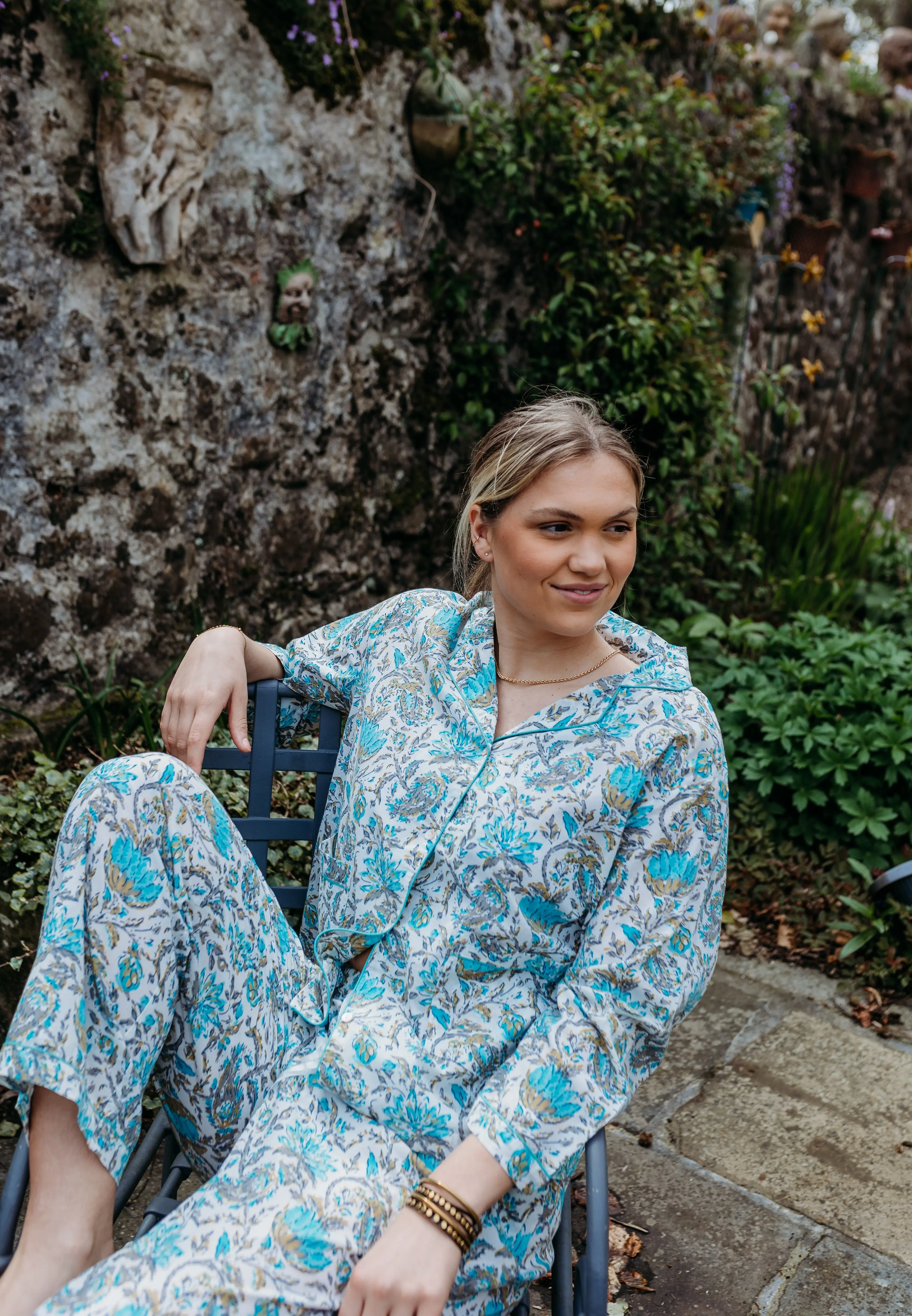 Ahaana Turquoise Block Printed Cotton Pyjamas - Image 9