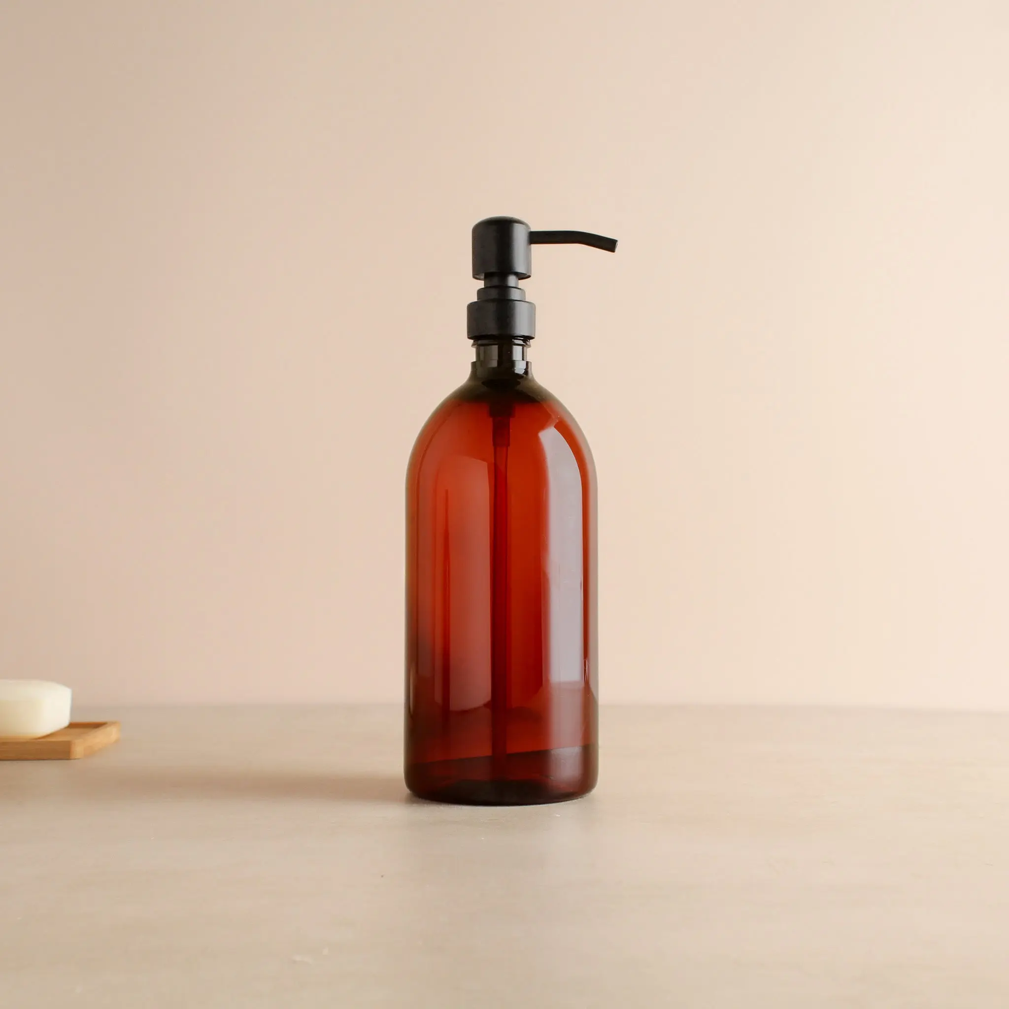 Amber Plastic Dispenser Bottle With Matte Black Pump - Image 3