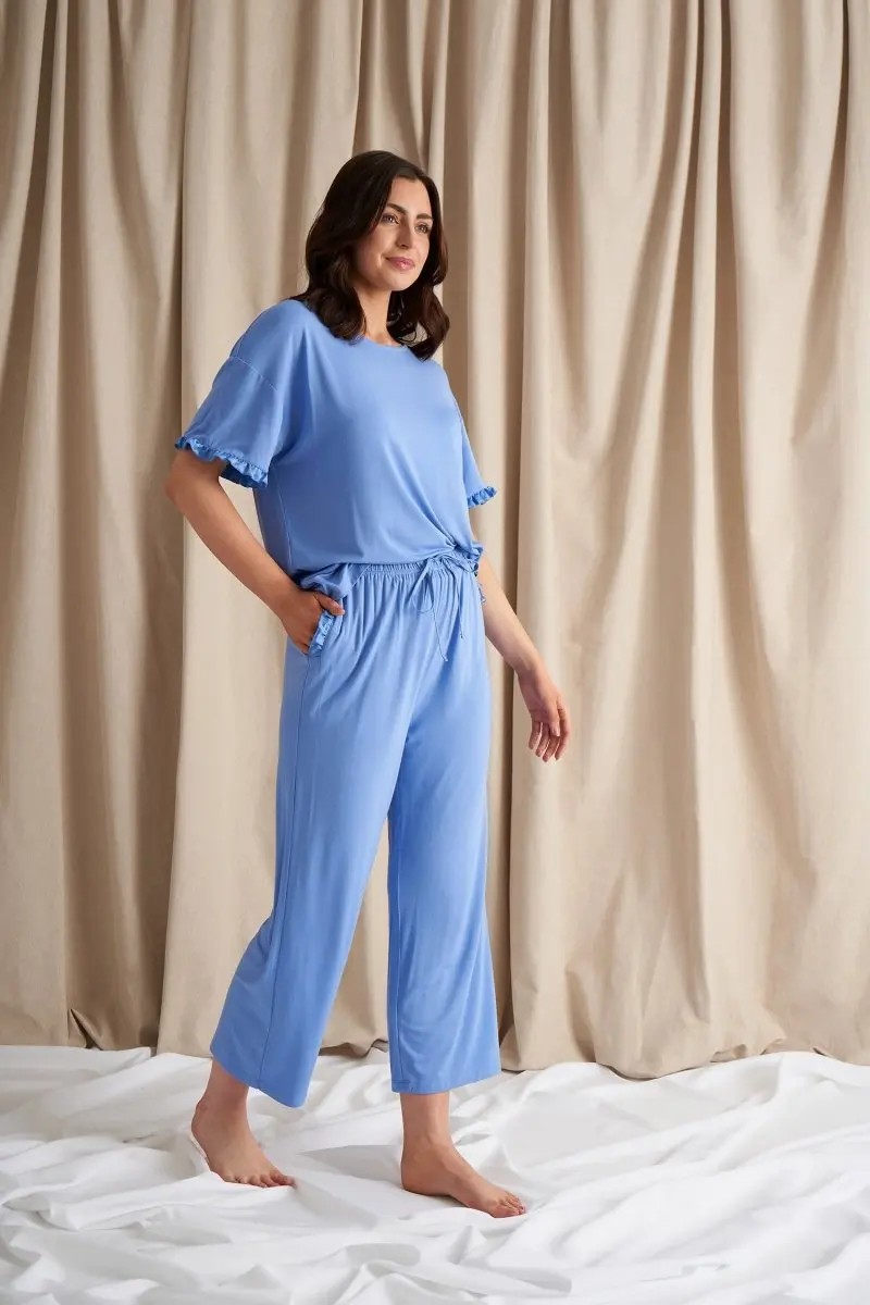 Bamboo Frill Tee Trouser Set in Cornflower Blue