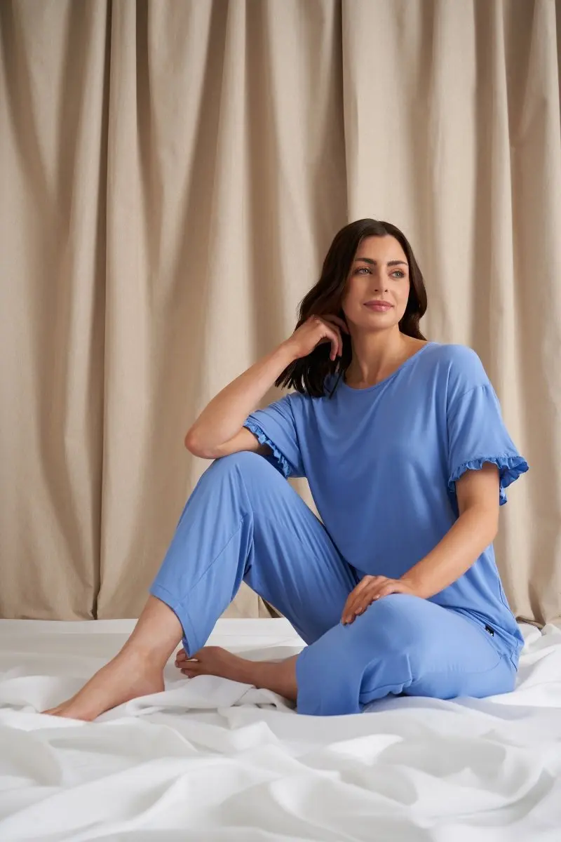 Bamboo Frill Tee Trouser Set in Cornflower Blue - Image 5