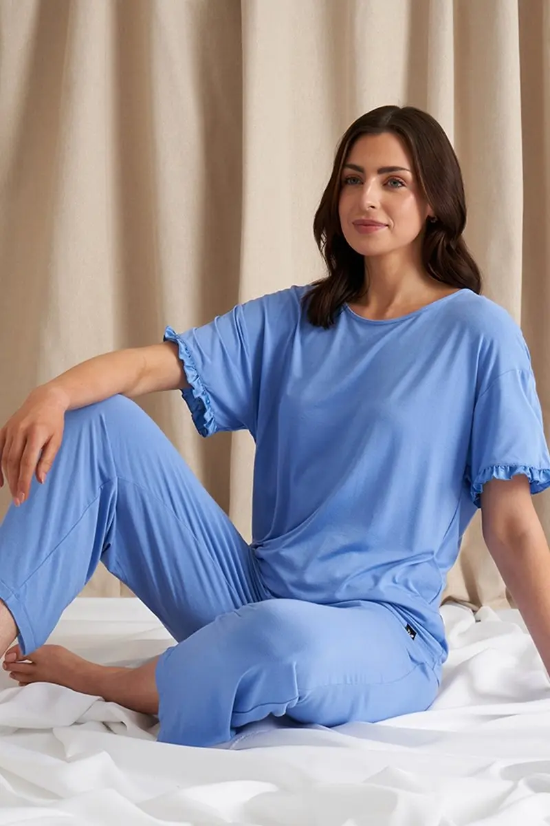 Bamboo Frill Tee Trouser Set in Cornflower Blue - Image 6