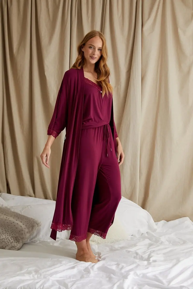Bordeaux Bamboo Lace Cami Cropped Trouser Pyjama Set - Image 5