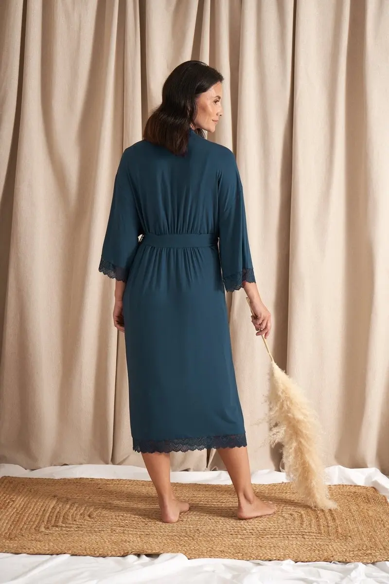 Bamboo Lace Kimono Robe in Teal - Image 3