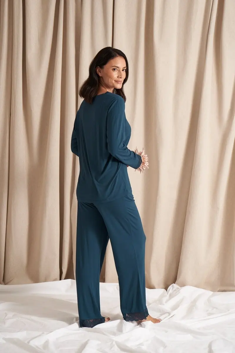 Teal Bamboo Lace V-Neck Pyjama Set - Image 3