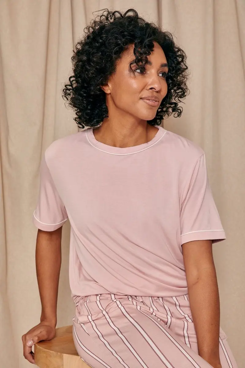 Bamboo Tee and Trouser Set in Blush Stripe - Image 2