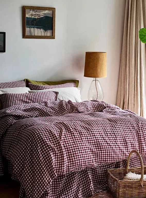 Berry Gingham Linen Blend Duvet Cover