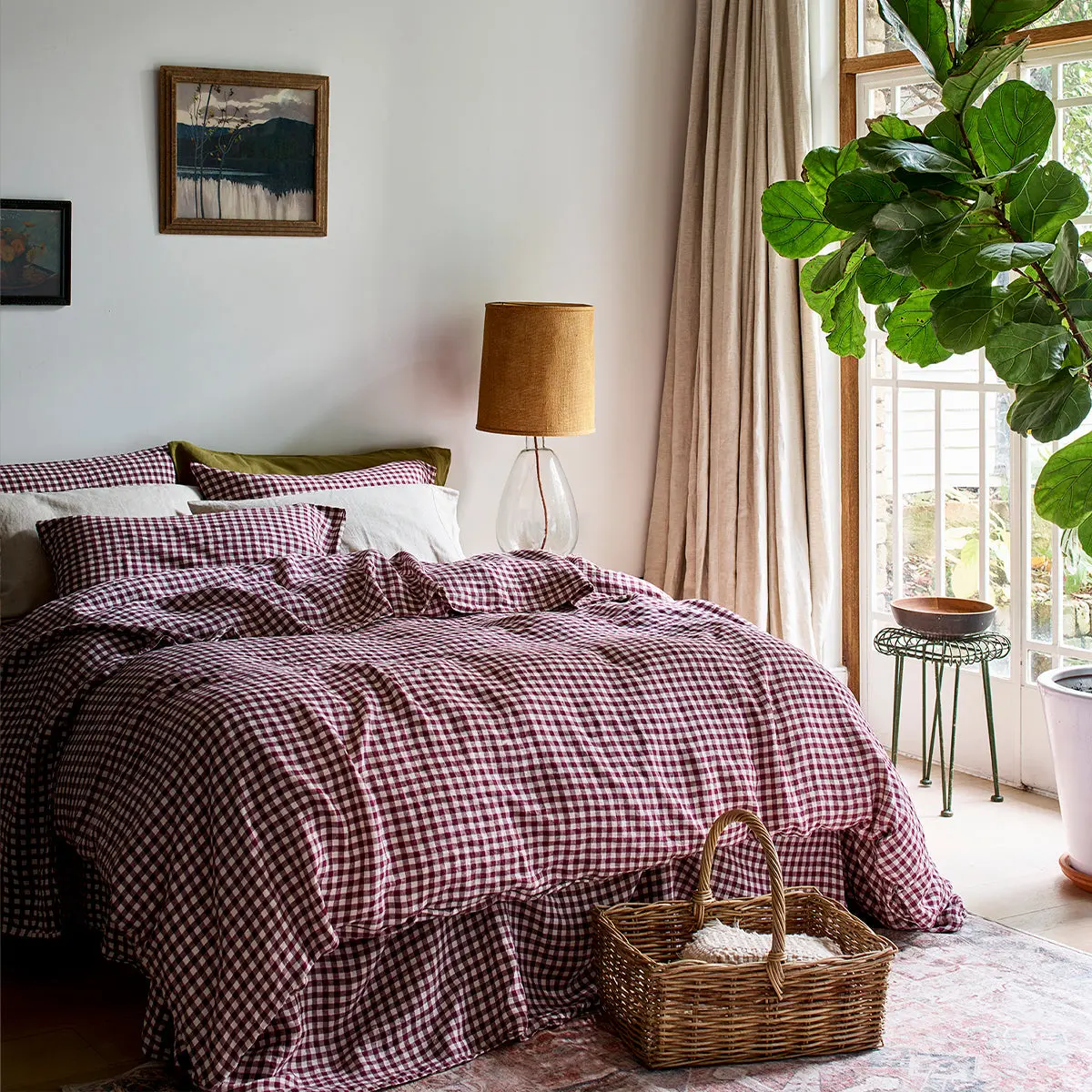 Berry Gingham Linen Blend Duvet Cover - Image 4