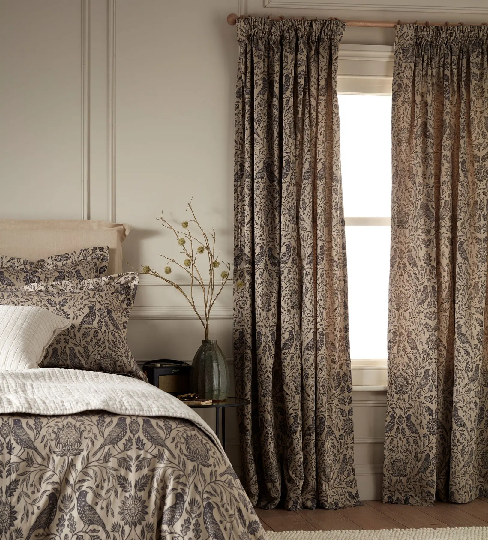 Birdie Jacquard 100% Cotton Lined Pencil Pleat Curtain (Pair) - Image 2