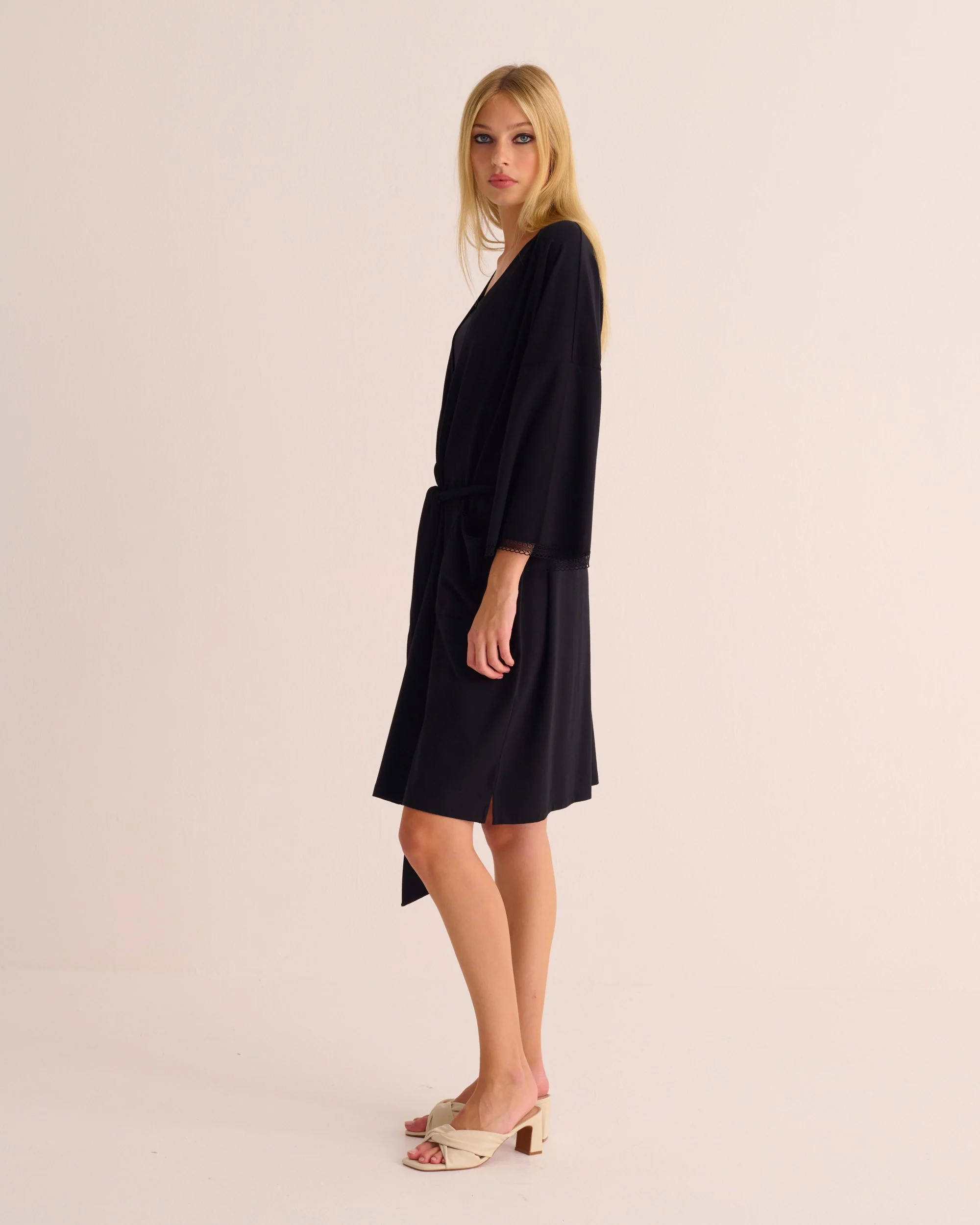 Black Modal Jersey Kimono with Lace Trim - Image 3