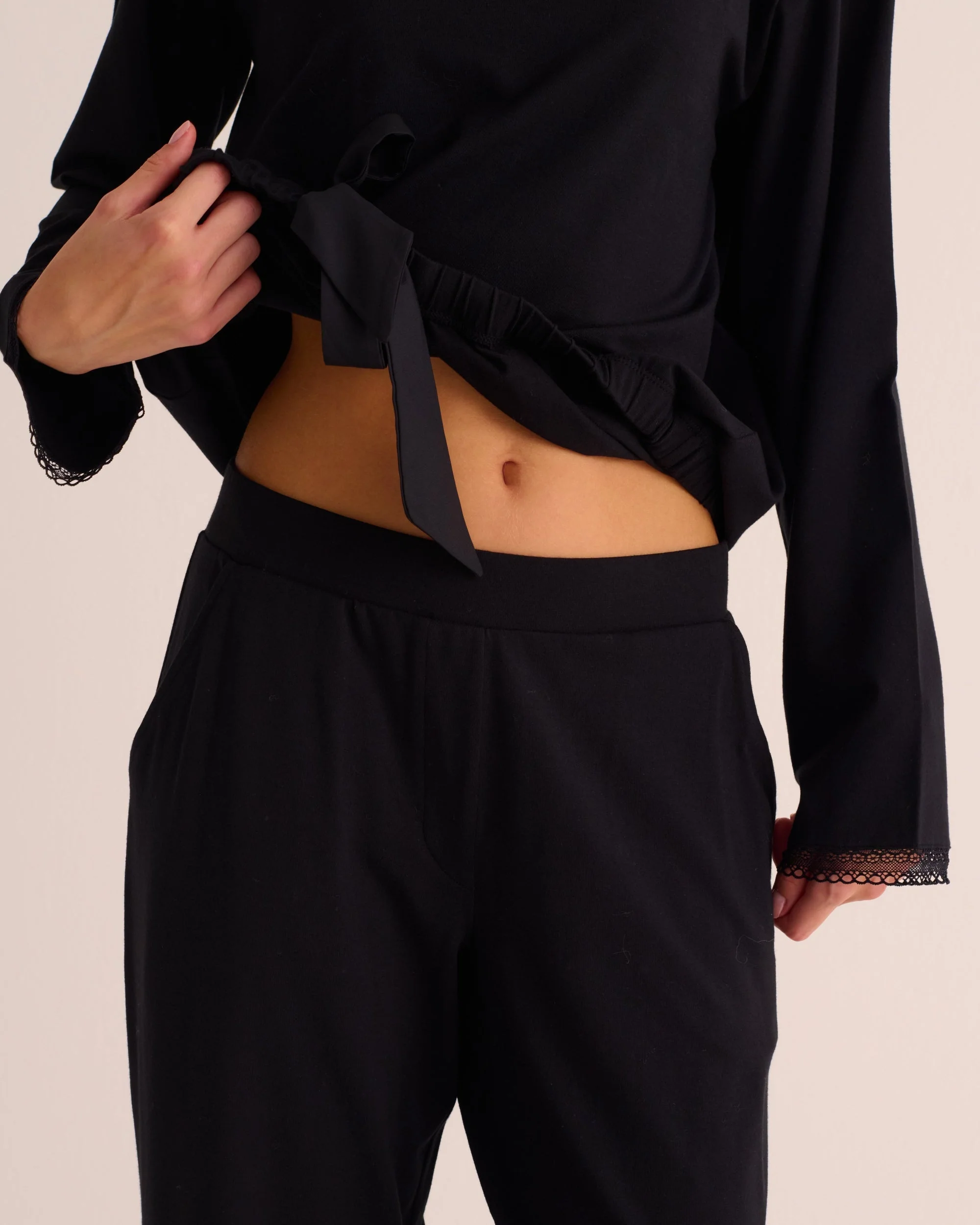 Black Modal Pyjama Set with Lace Trim - Image 3