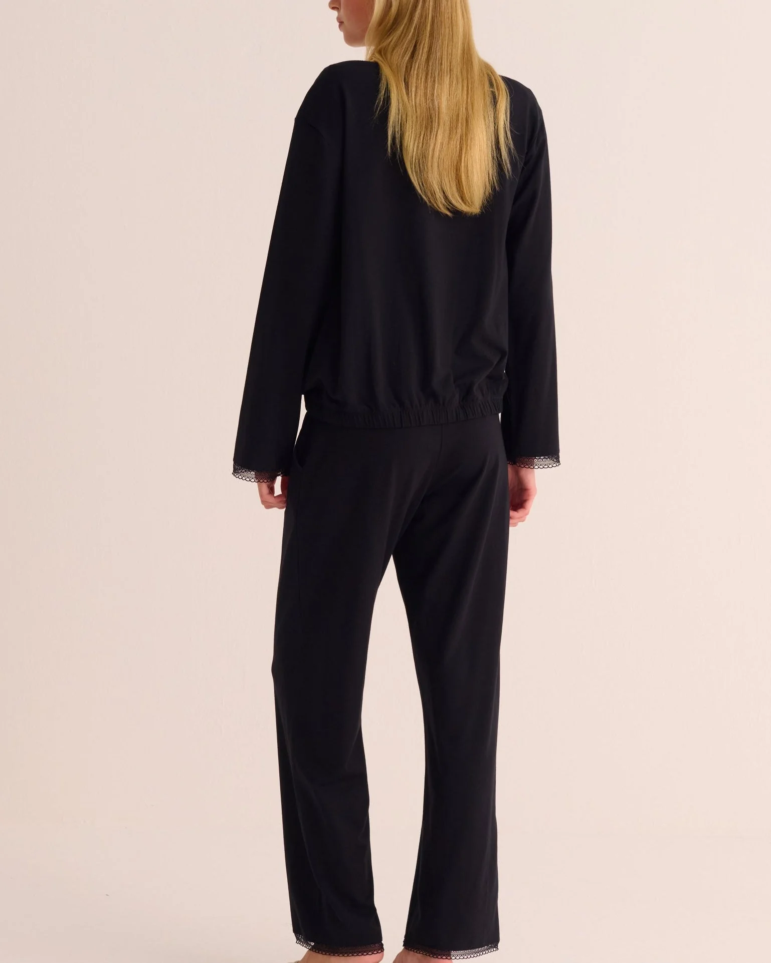 Black Modal Pyjama Set with Lace Trim - Image 5