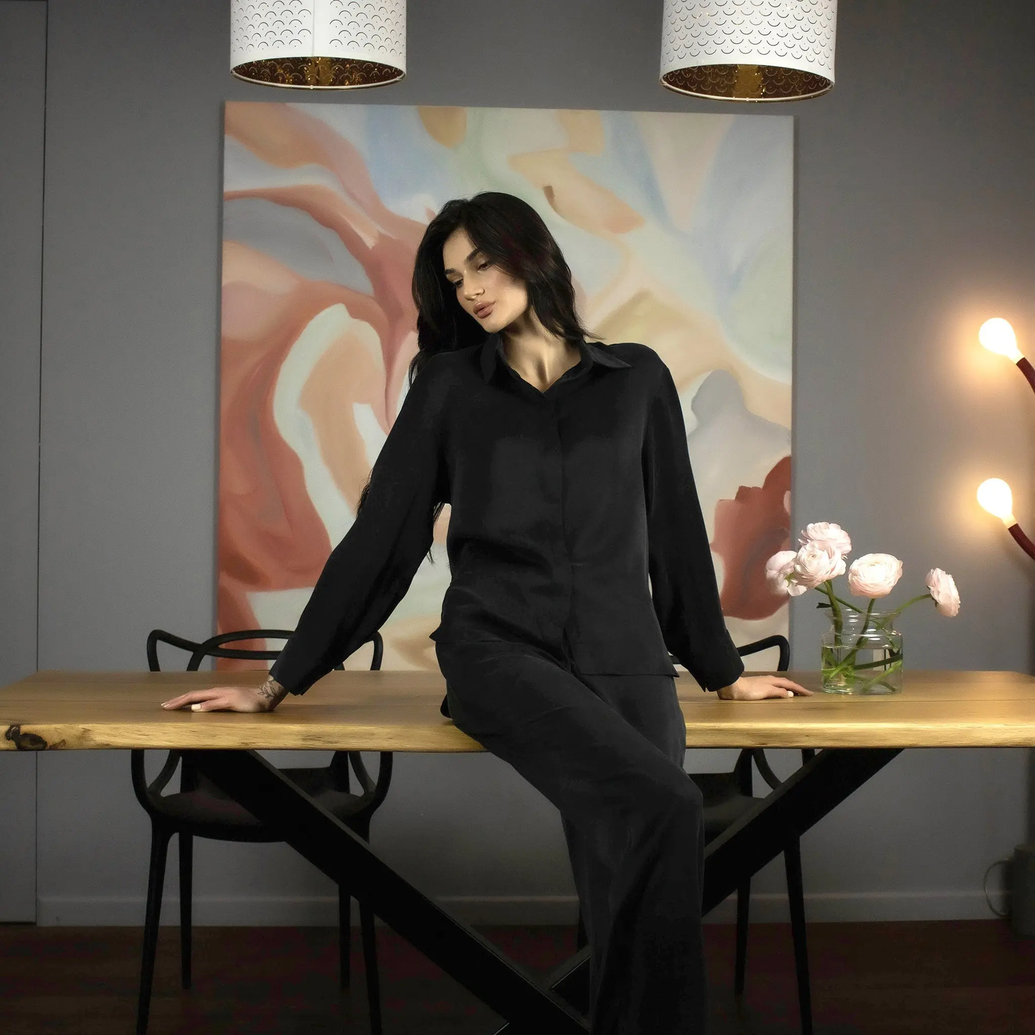 Black Silk Dreamscape Pyjama Shirt - Image 7