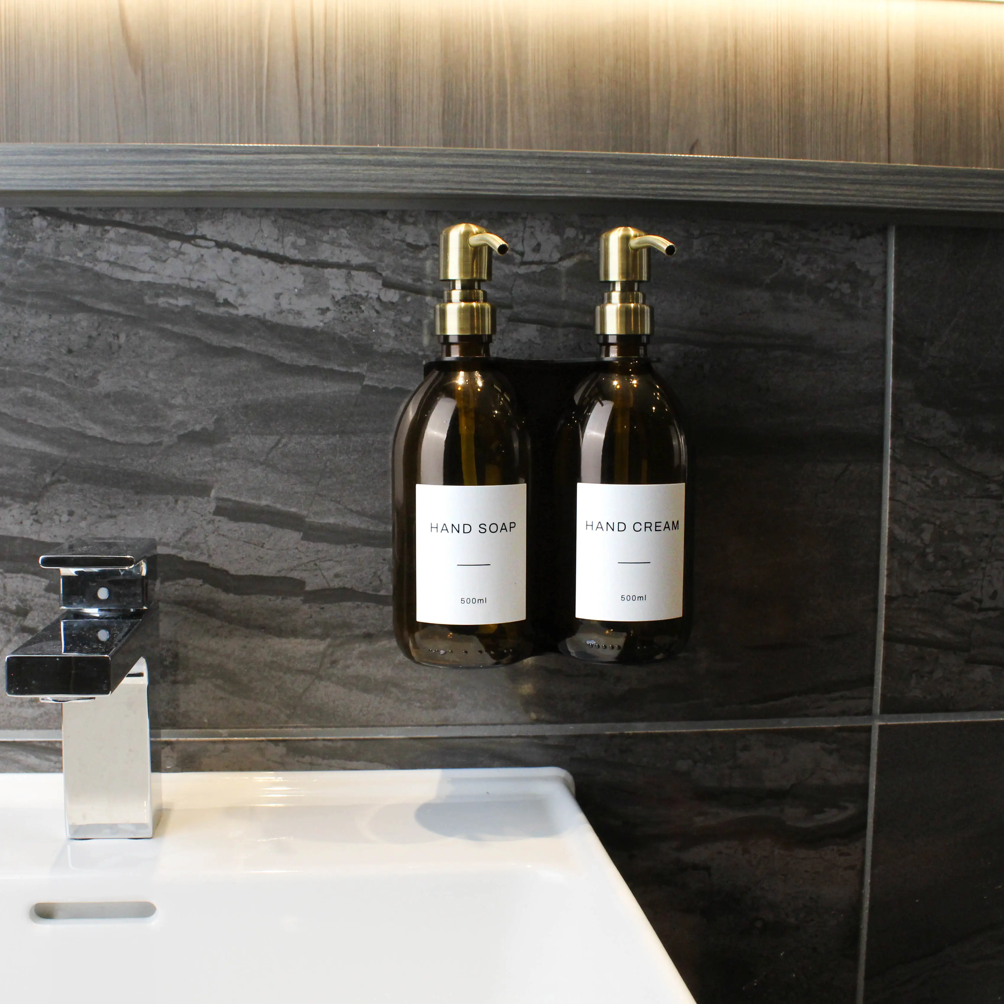 Black Wall Bracket & Amber Glass Dispenser Set - Image 5
