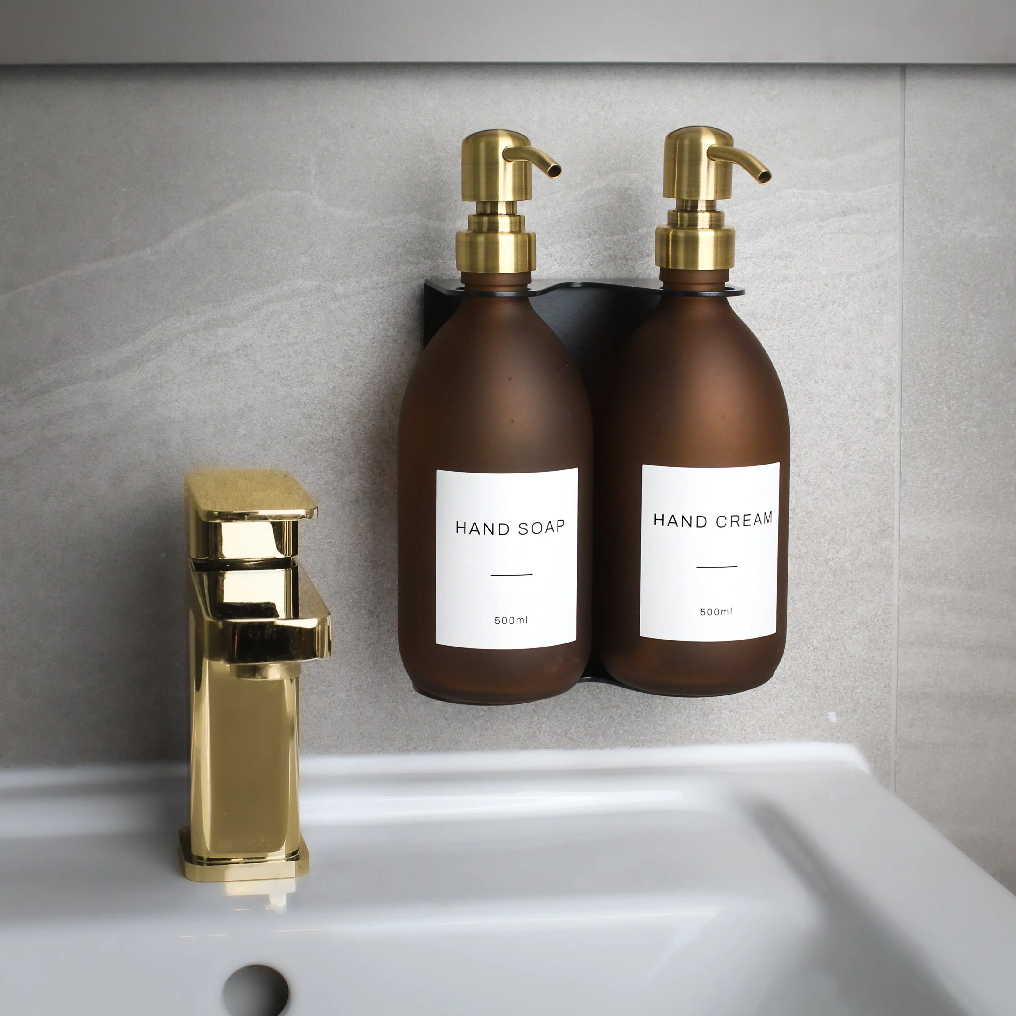 Black Wall Bracket & Frosted Amber Glass Dispenser Set - Image 3