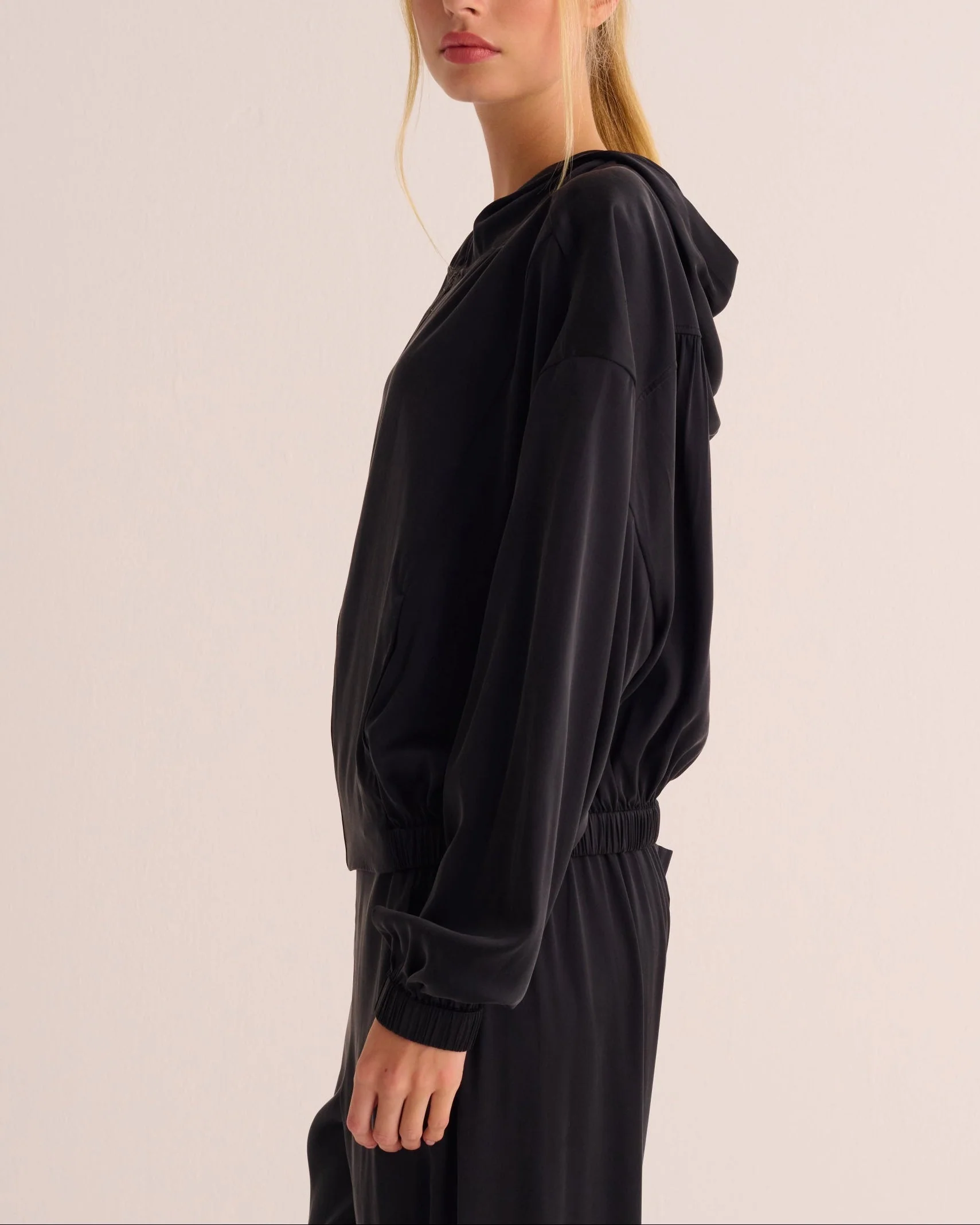 Black Washable Organic Stretch Silk Bomber Jacket - Image 5