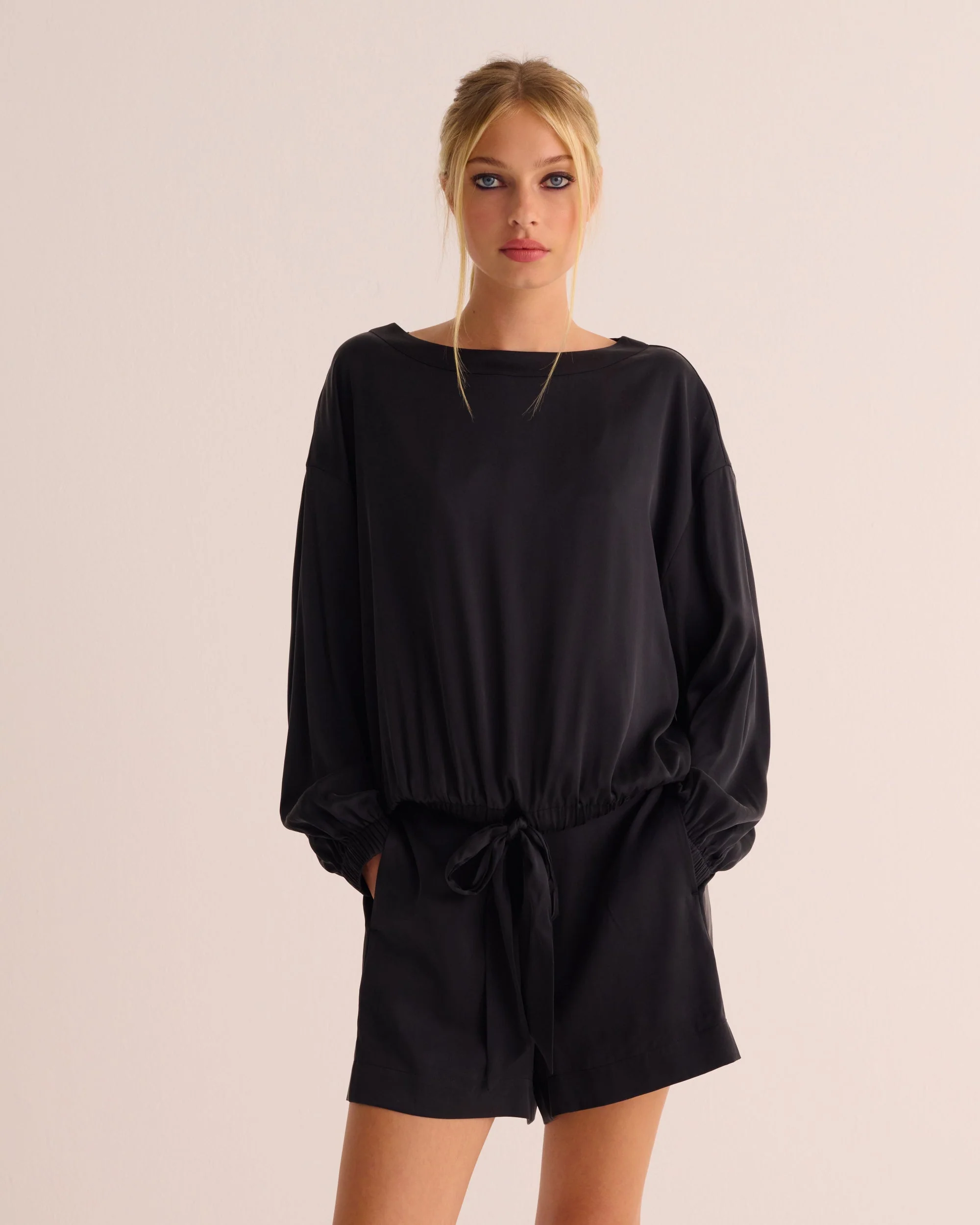 Black Washable Organic Stretch Silk Tie-Waist Sweatshirt - Image 2