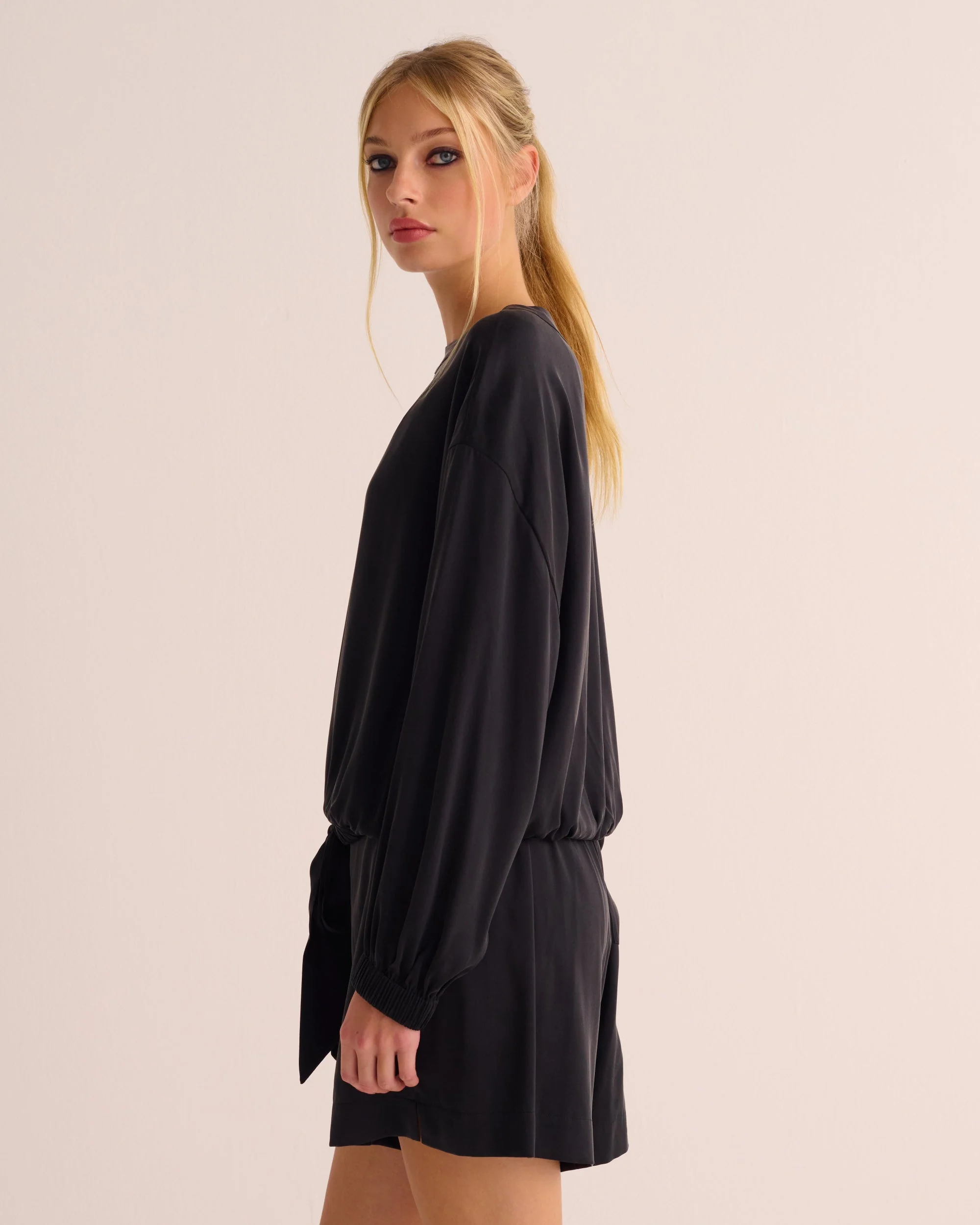 Black Washable Organic Stretch Silk Tie-Waist Sweatshirt - Image 4