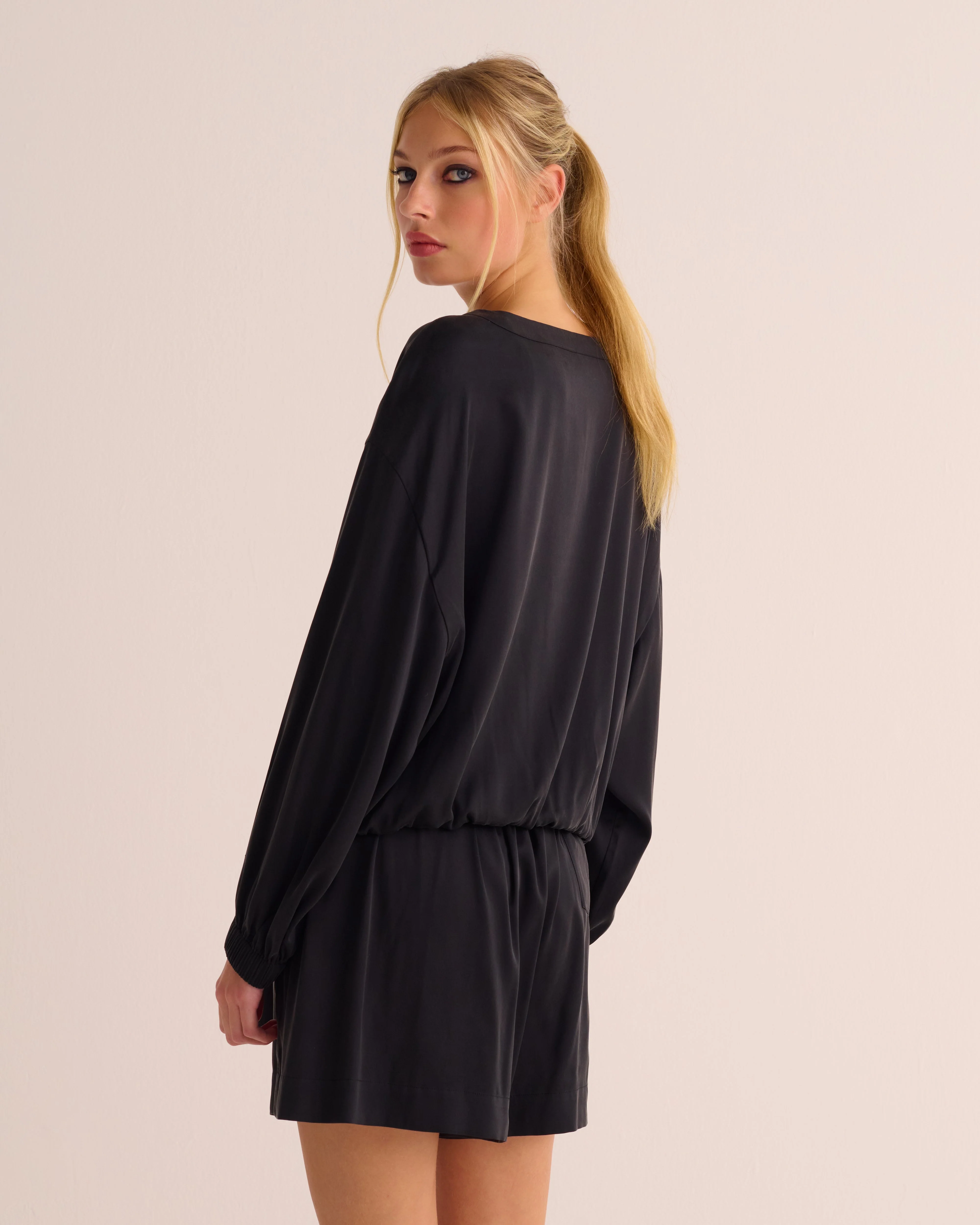 Black Washable Organic Stretch Silk Tie-Waist Sweatshirt - Image 5