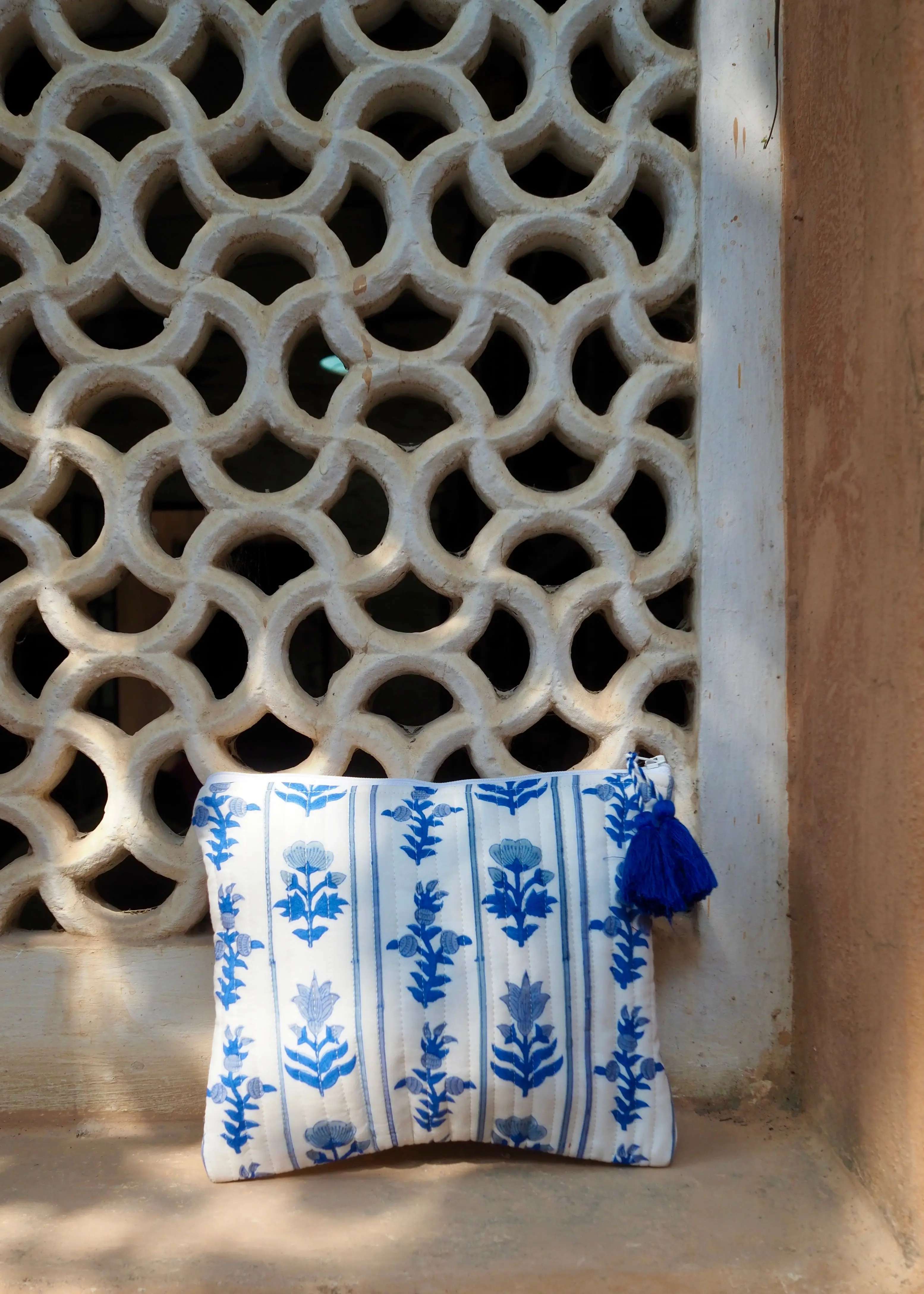 Blue Block Print Cosmetic Bag - Image 4