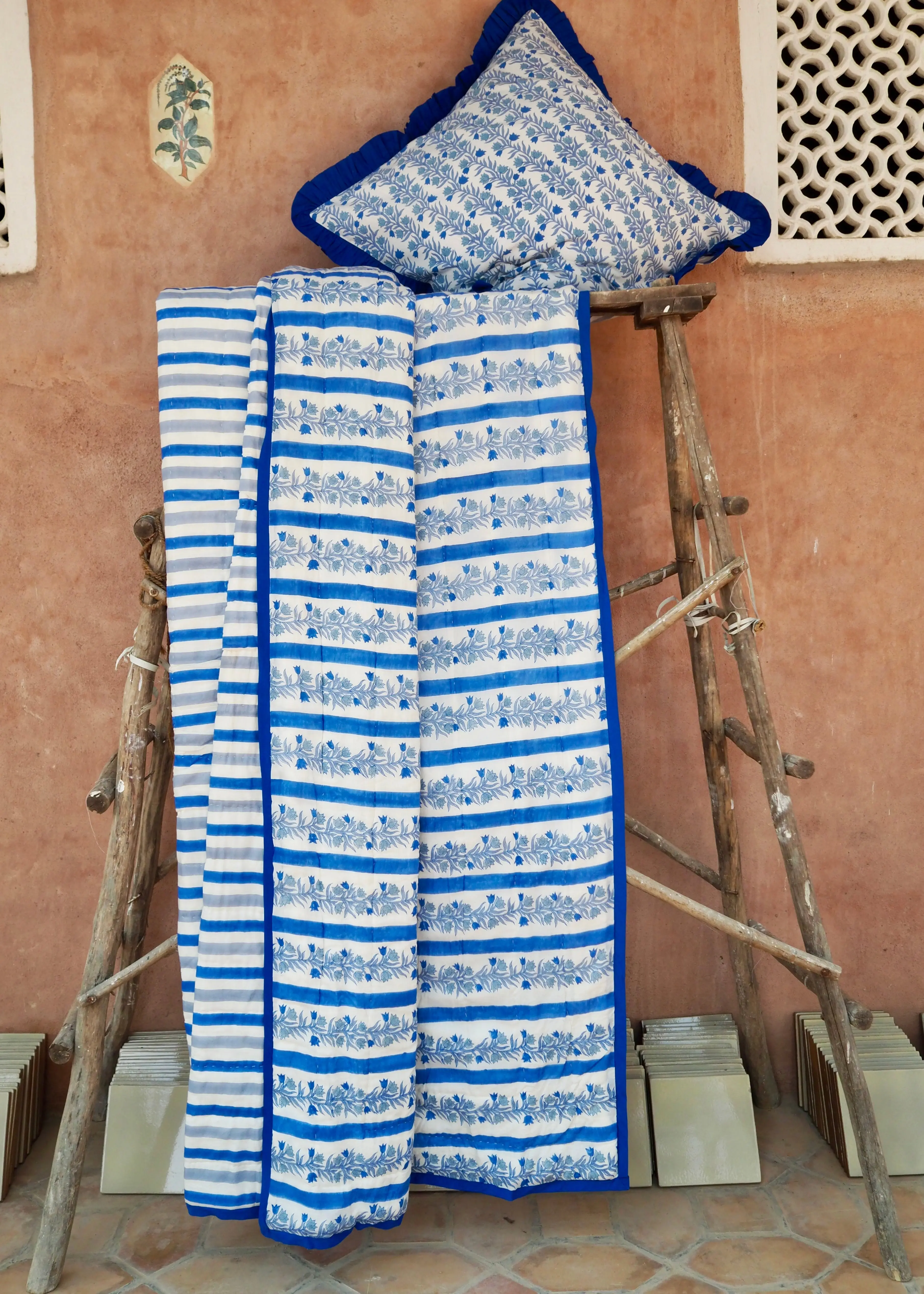 Blue Floral Stripe Bed Quilt - Image 2