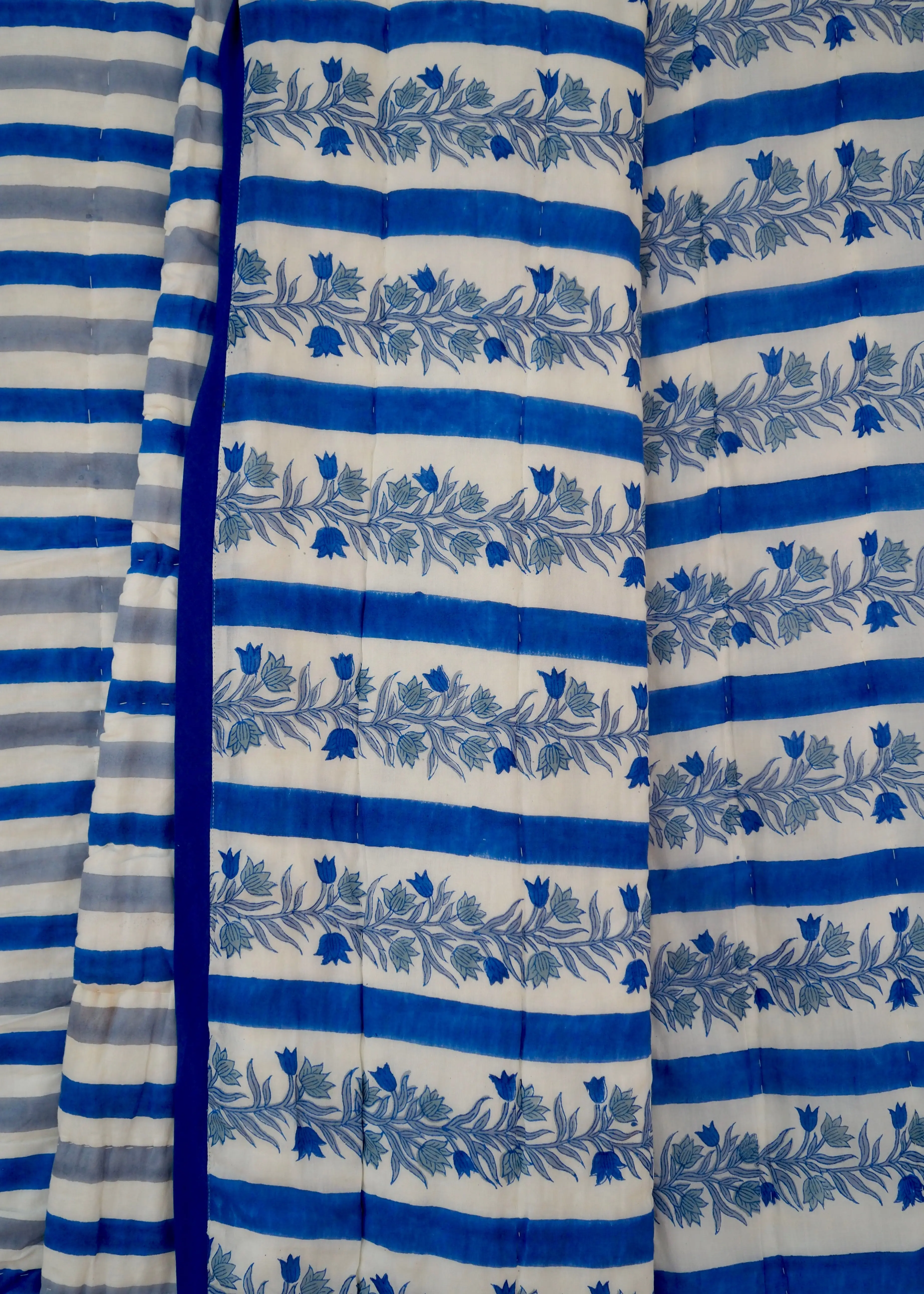 Blue Floral Stripe Bed Quilt - Image 3