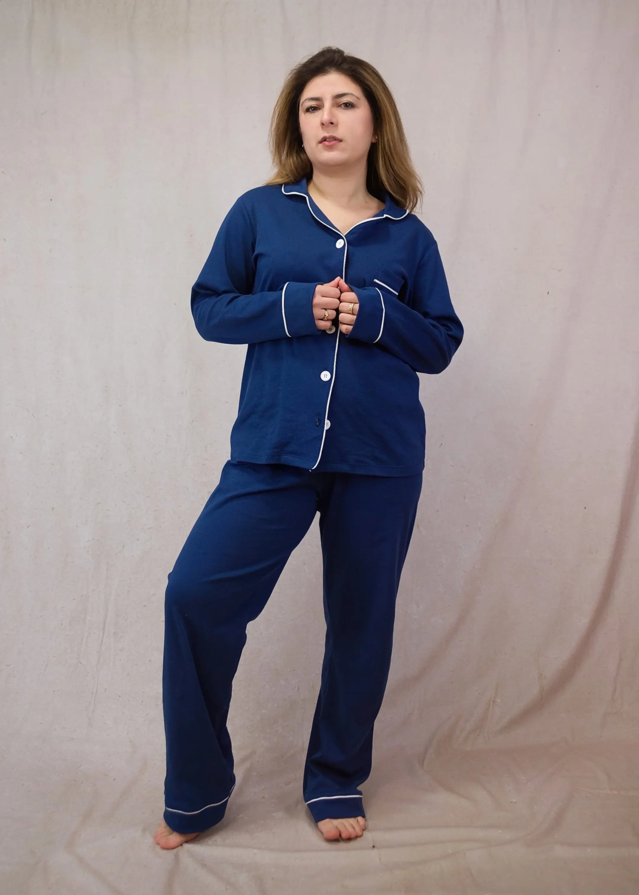 Blue Women's Pima Cotton Long Sleeve Pyjama Trouser Set - Image 2
