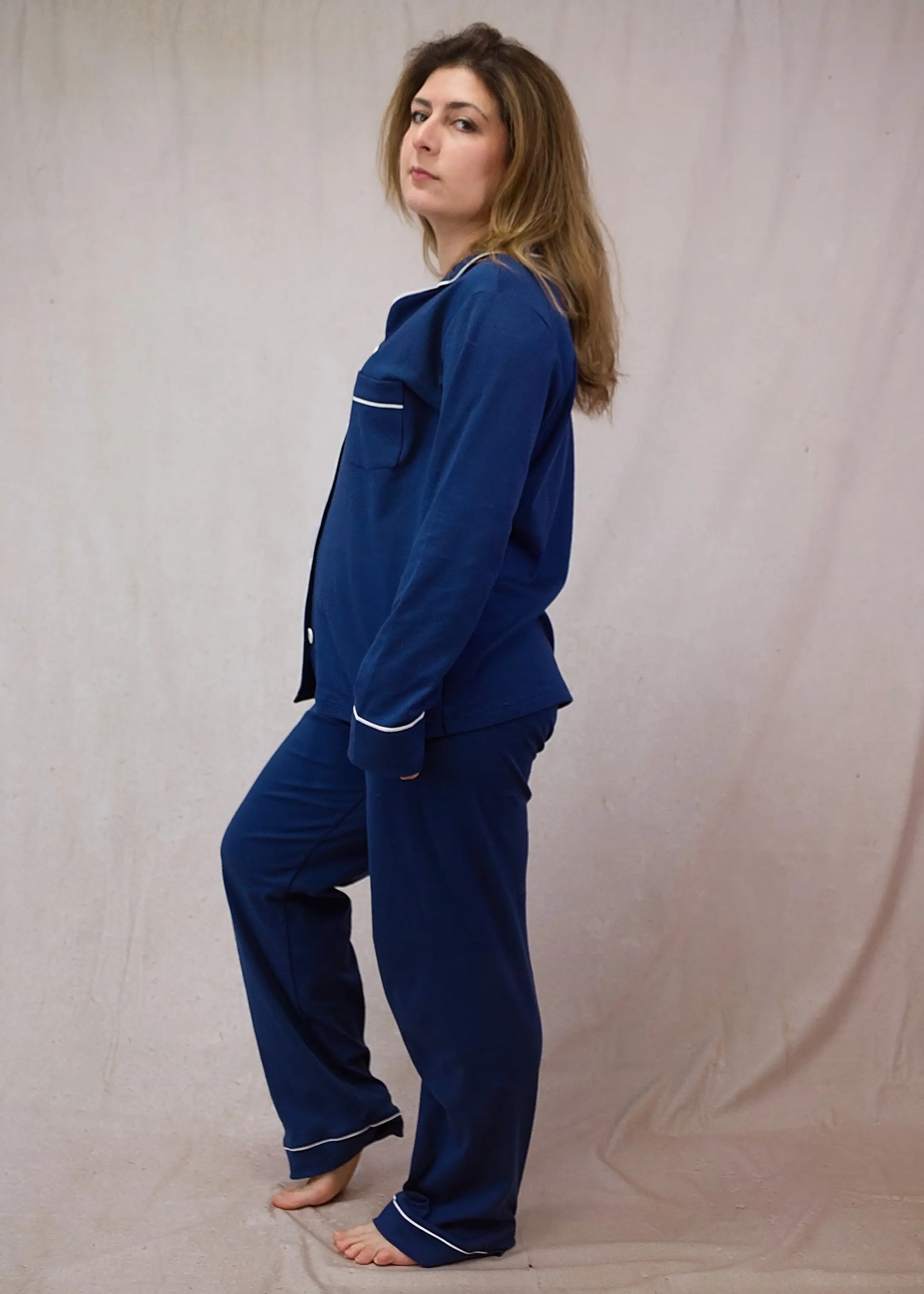 Blue Women's Pima Cotton Long Sleeve Pyjama Trouser Set - Image 3