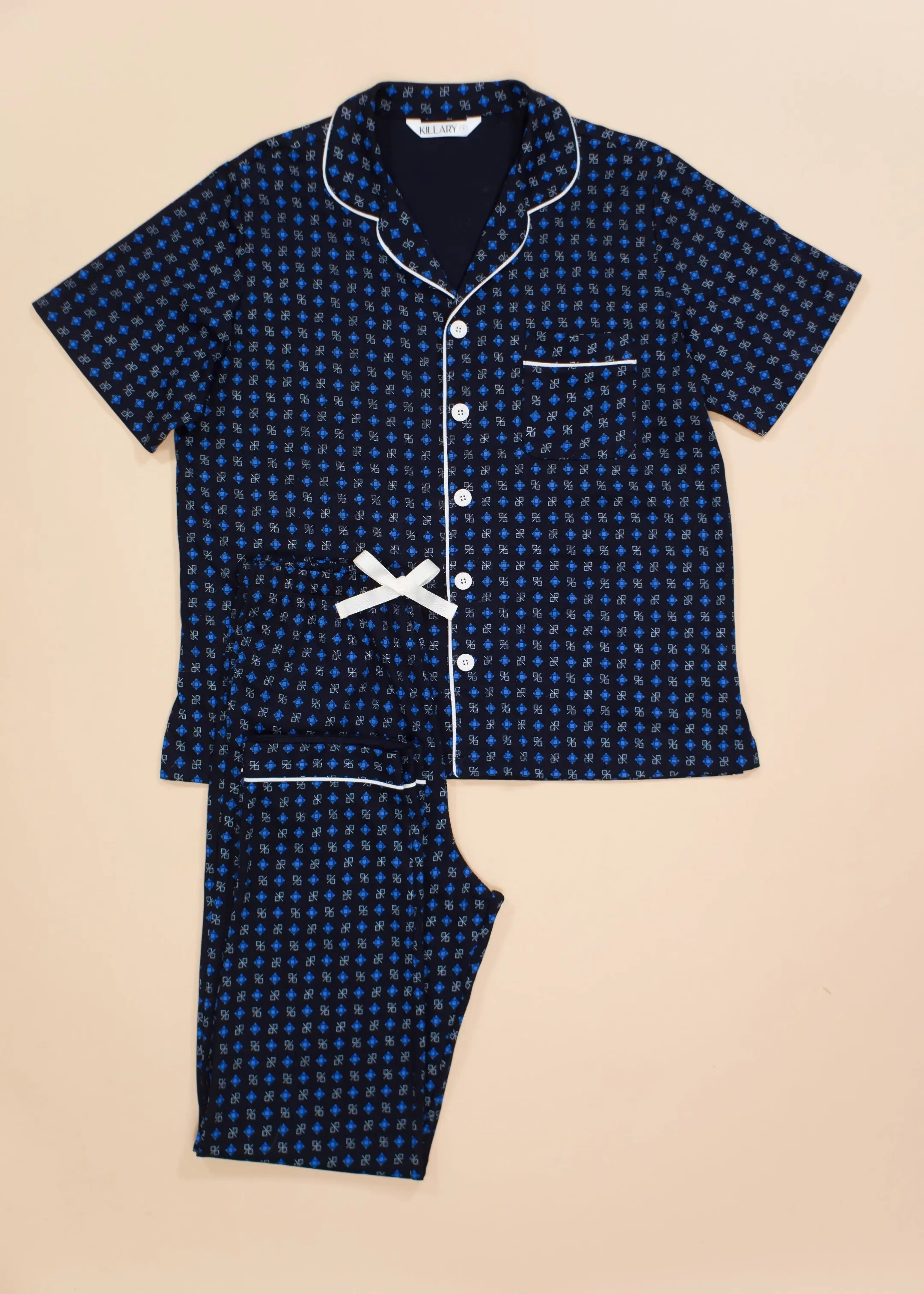 Blue Squares Mens Pima Cotton Short Sleeve Pyjama Trouser Set