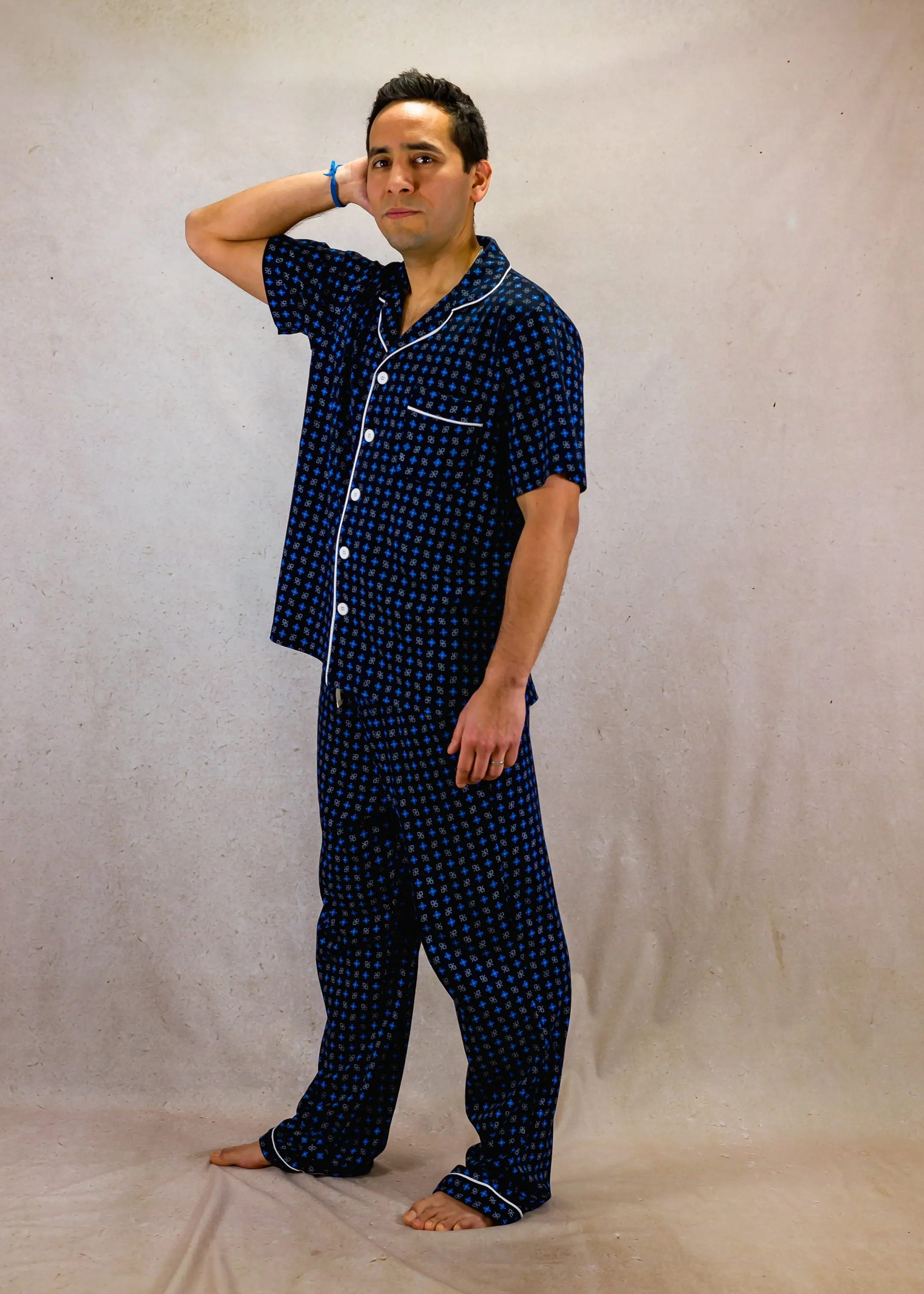 Blue Squares Mens Pima Cotton Short Sleeve Pyjama Trouser Set - Image 3