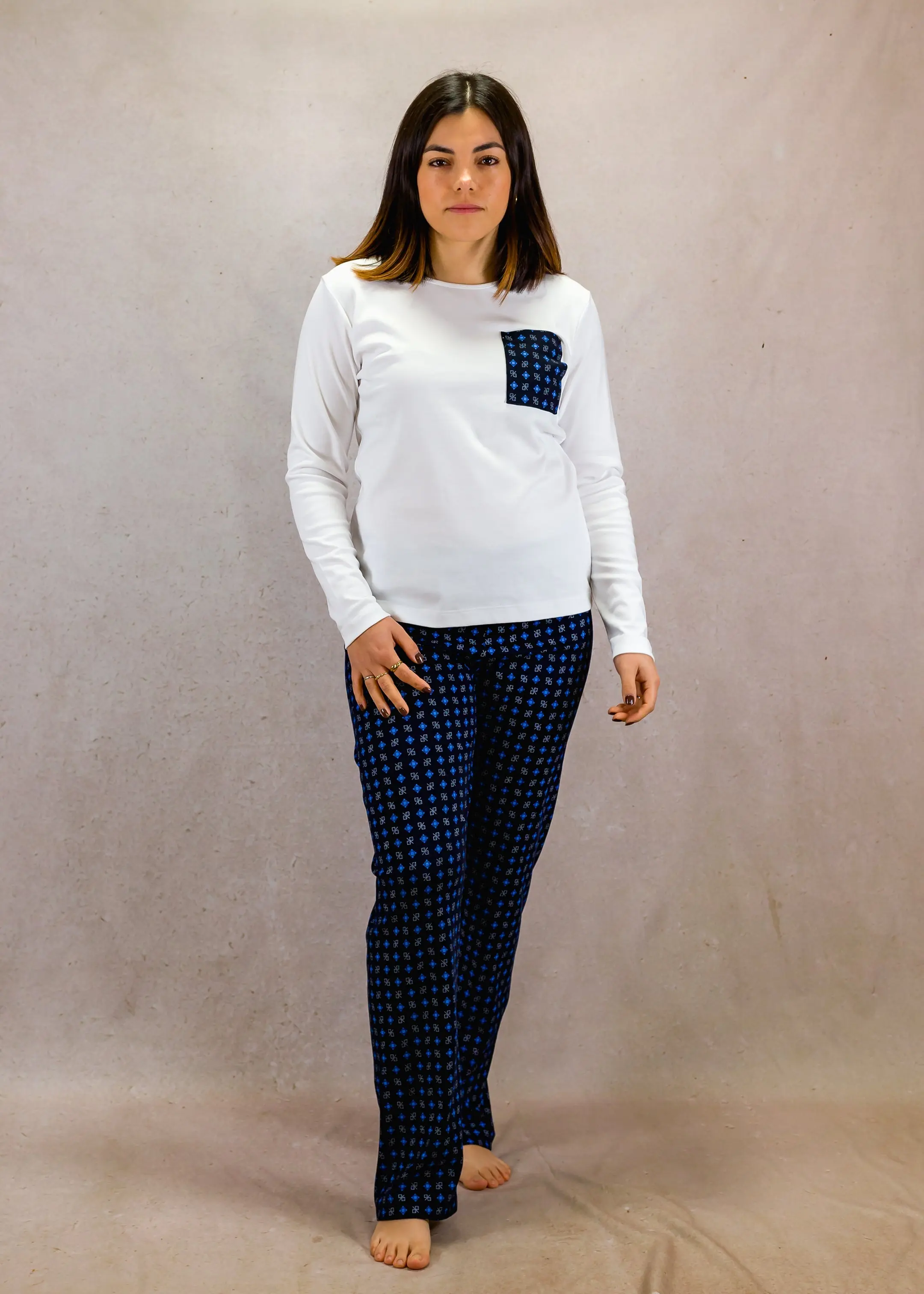 Blue & White Women's Pima Cotton Long Sleeve Pyjama Trouser Set - Image 2