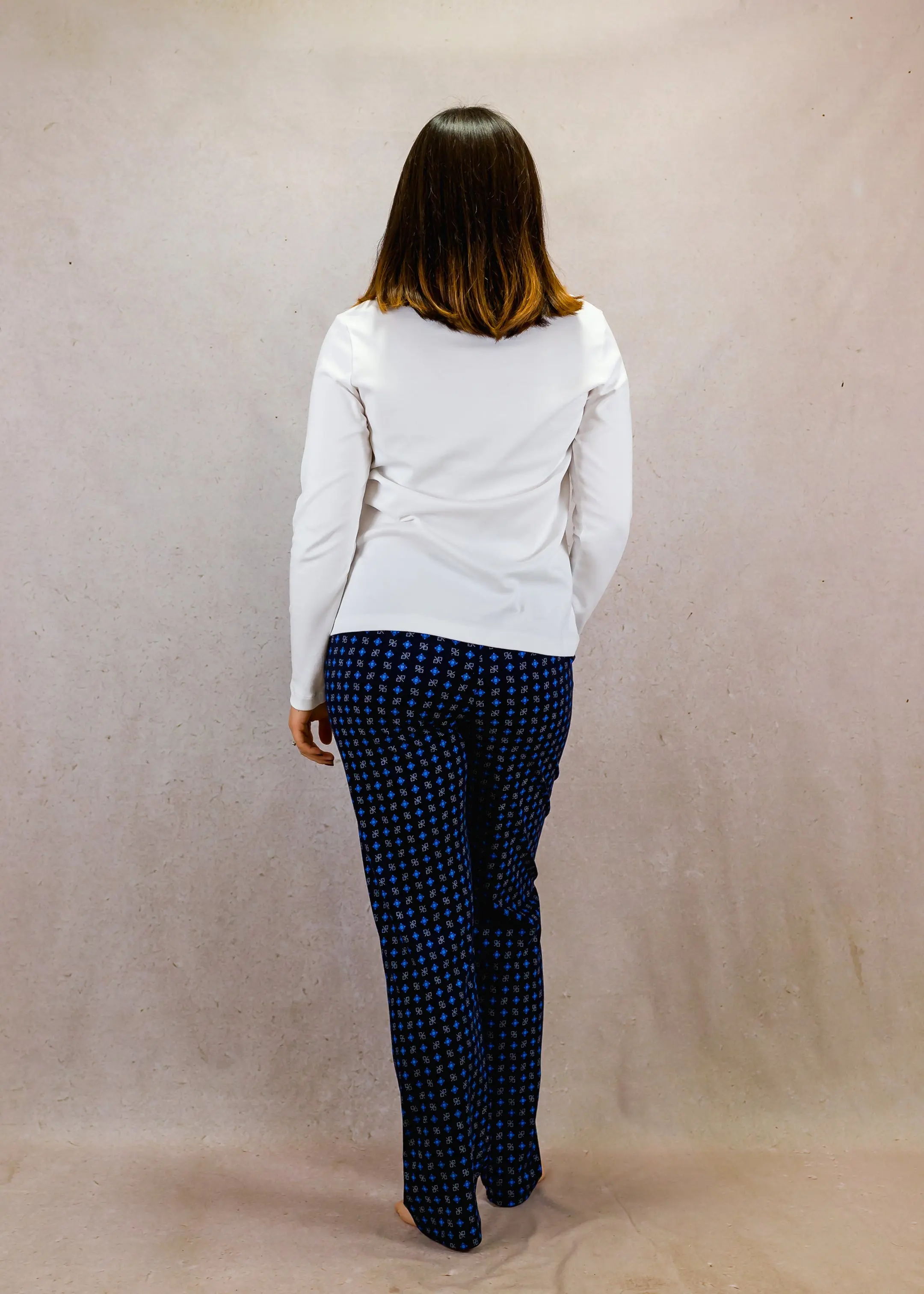 Blue & White Women's Pima Cotton Long Sleeve Pyjama Trouser Set - Image 4