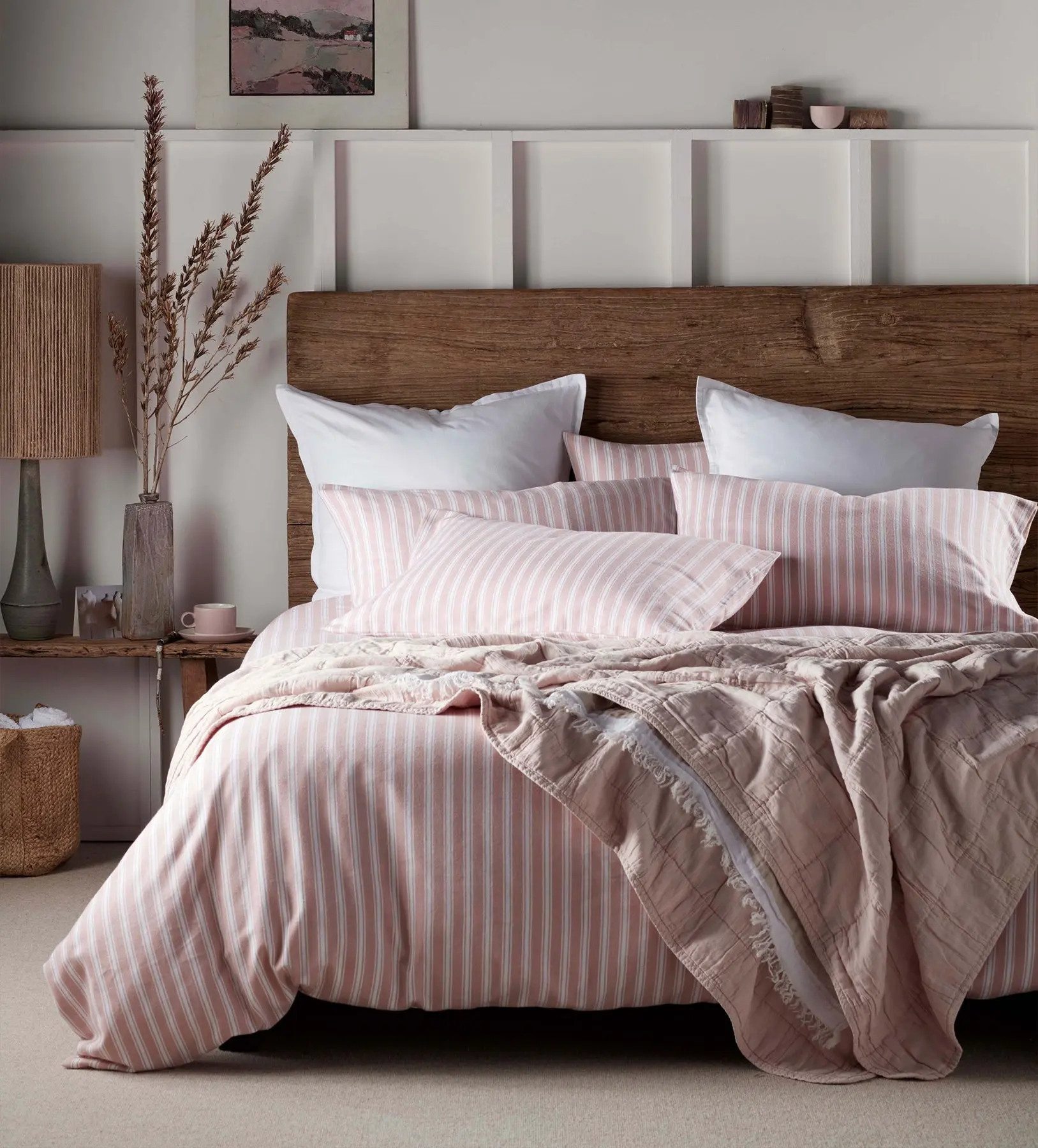 Blush Pink Fred Stripe Brushed 100% Organic Cotton Bed Linen - Image 2