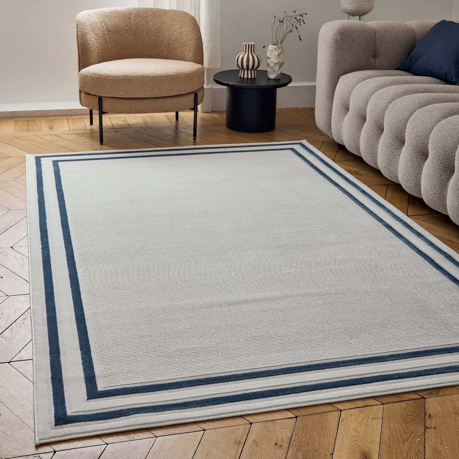 Carmel Cream-Blue Bordered Rug | 6060 - Image 8