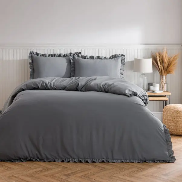 Charcoal Briona Frilled Edge Duvet Cover & Pillowcase Set