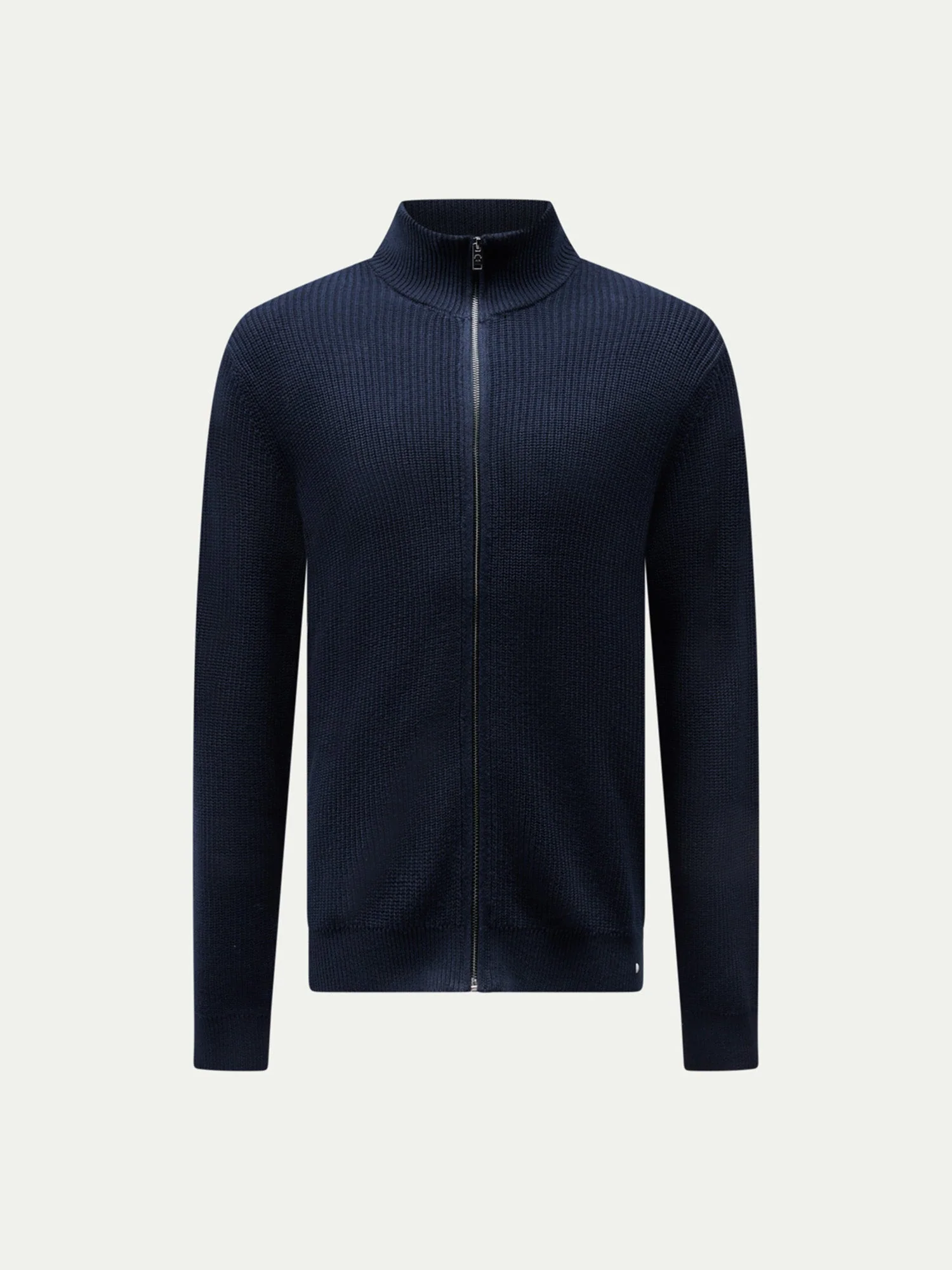 Cotton Knit Funnel-Neck Zip Cardigan in Dark Sapphire Navy