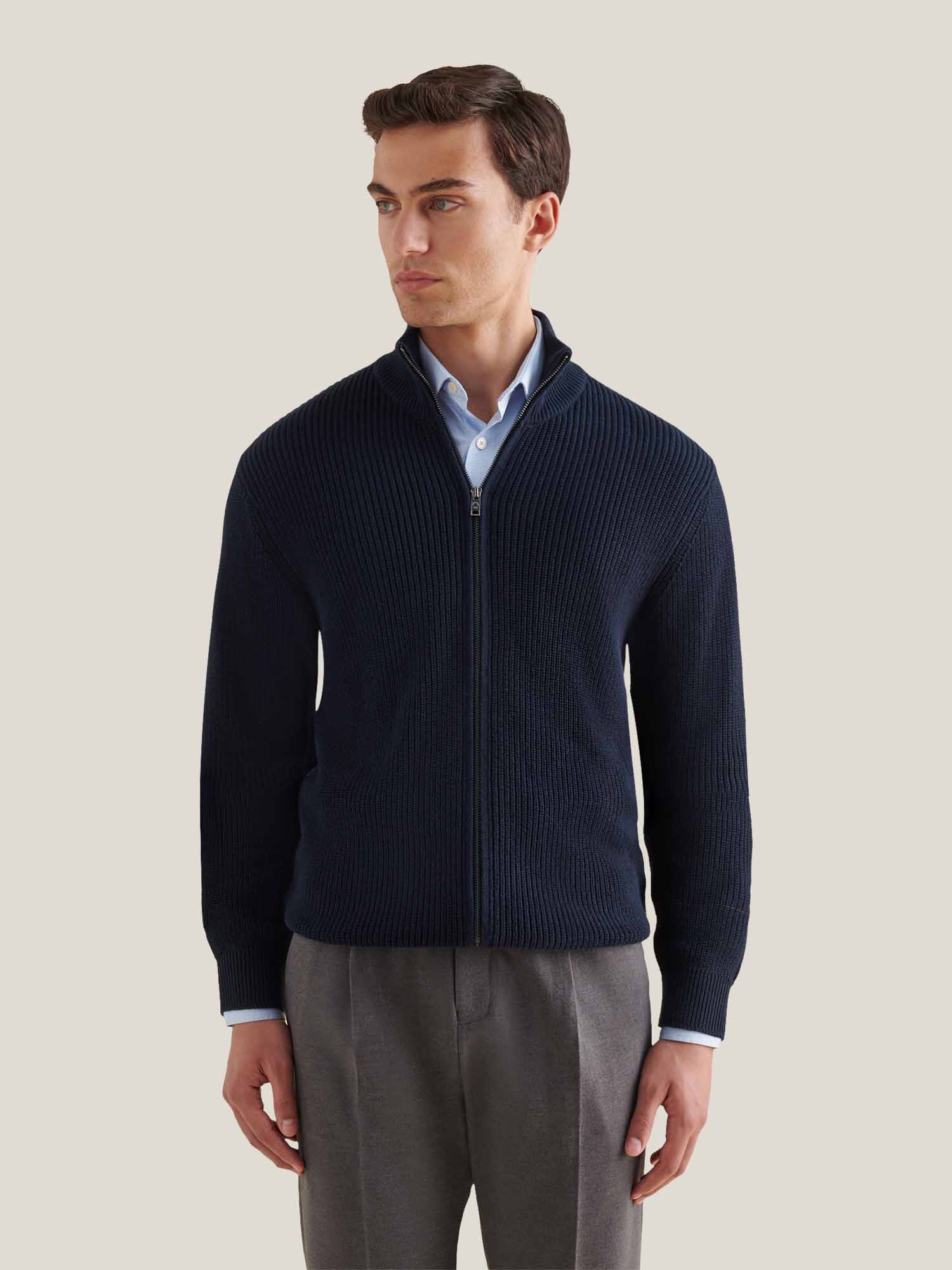 Cotton Knit Funnel-Neck Zip Cardigan in Dark Sapphire Navy - Image 2