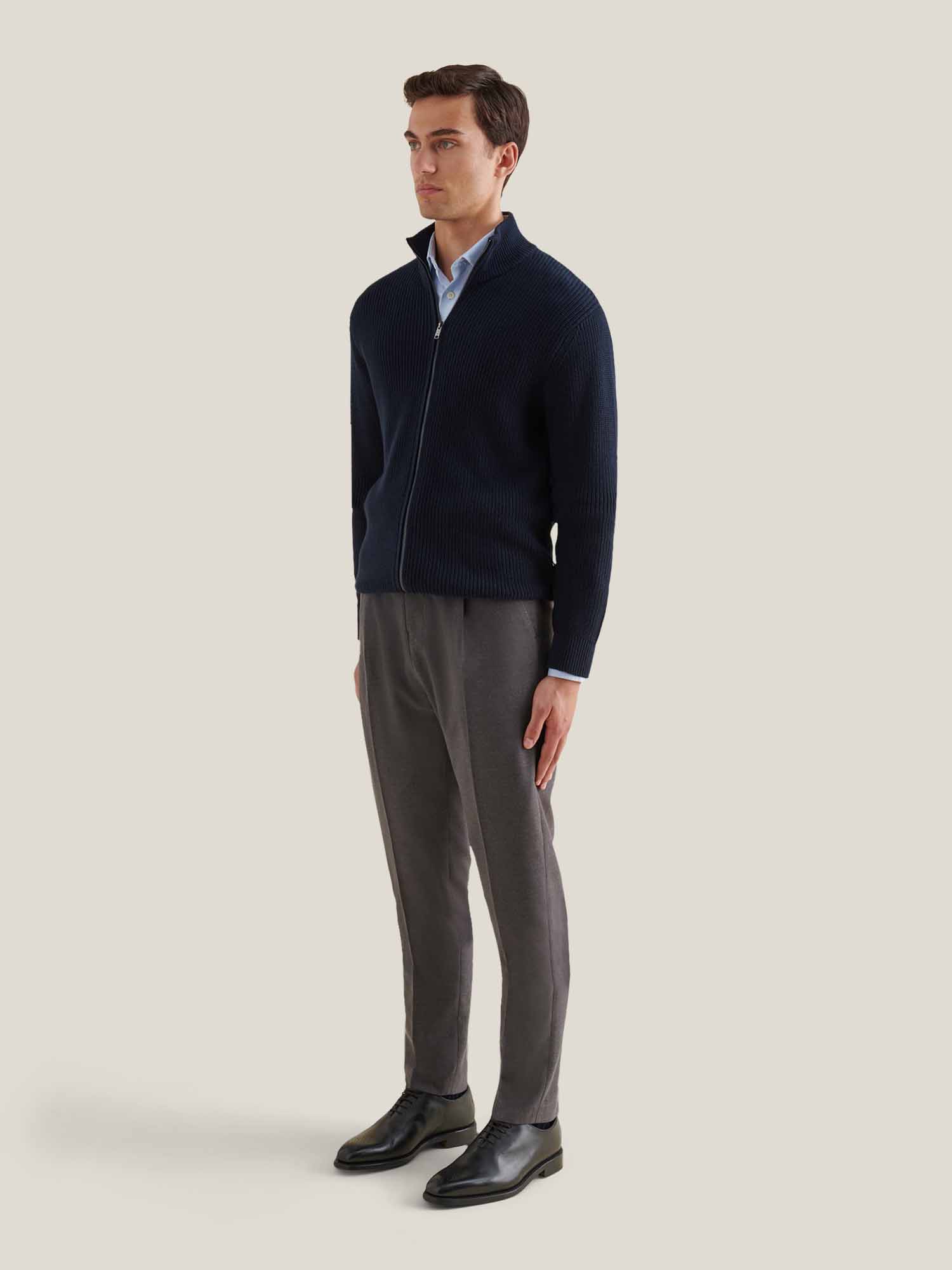 Cotton Knit Funnel-Neck Zip Cardigan in Dark Sapphire Navy - Image 3