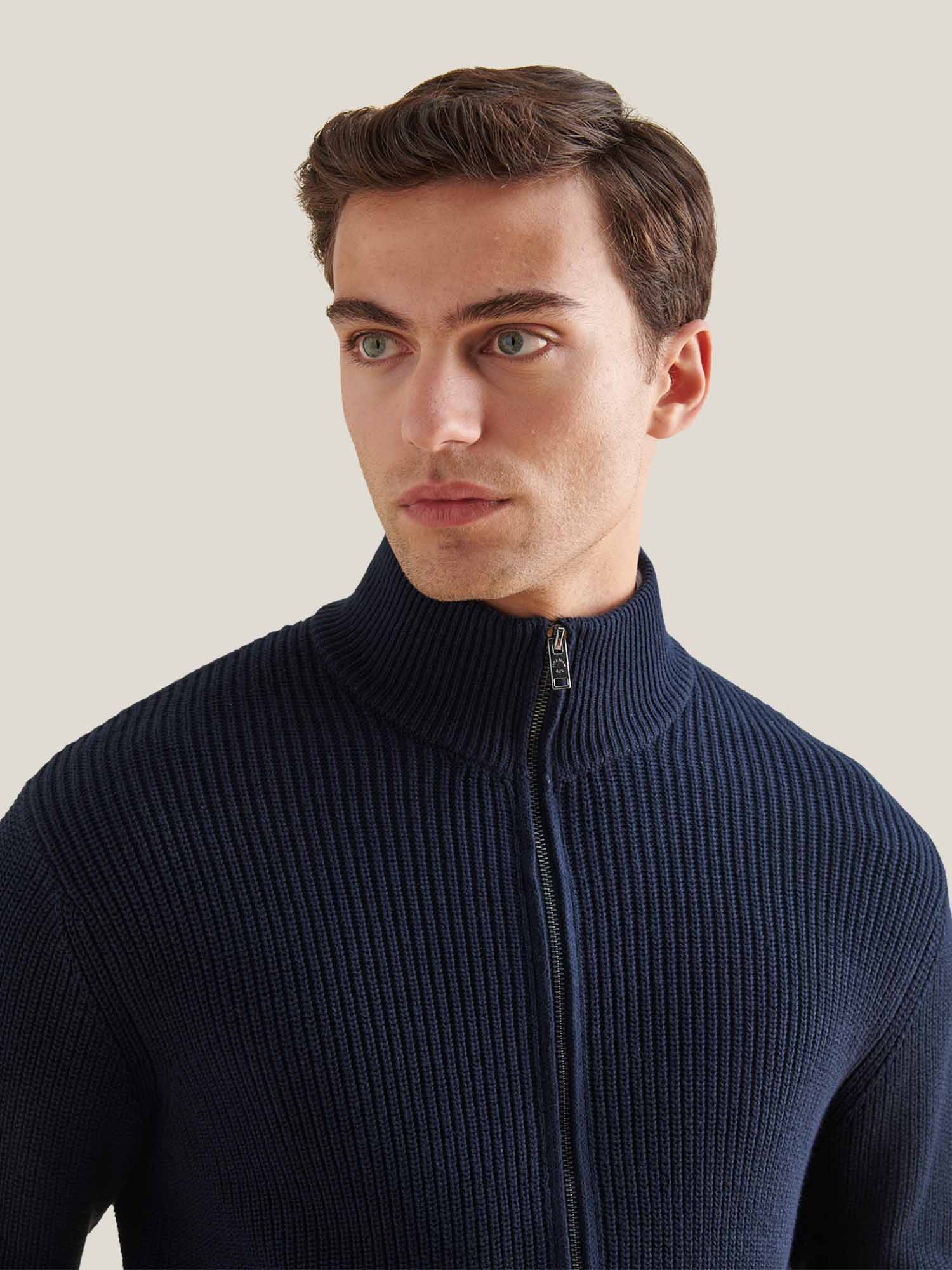 Cotton Knit Funnel-Neck Zip Cardigan in Dark Sapphire Navy - Image 5