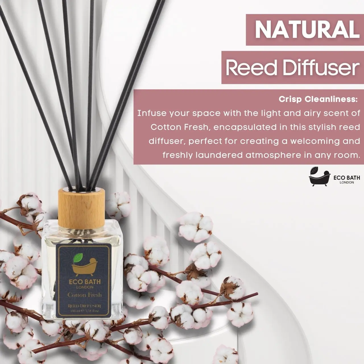 Cotton Fresh Reed Diffuser 100ml (3.38 Fl.Oz) - Luxurious Calming Reed Diffuser for Home Fragrance - Image 3